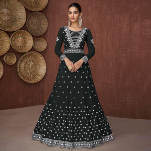 Black Embroidered Georgette Gown - Peachmode