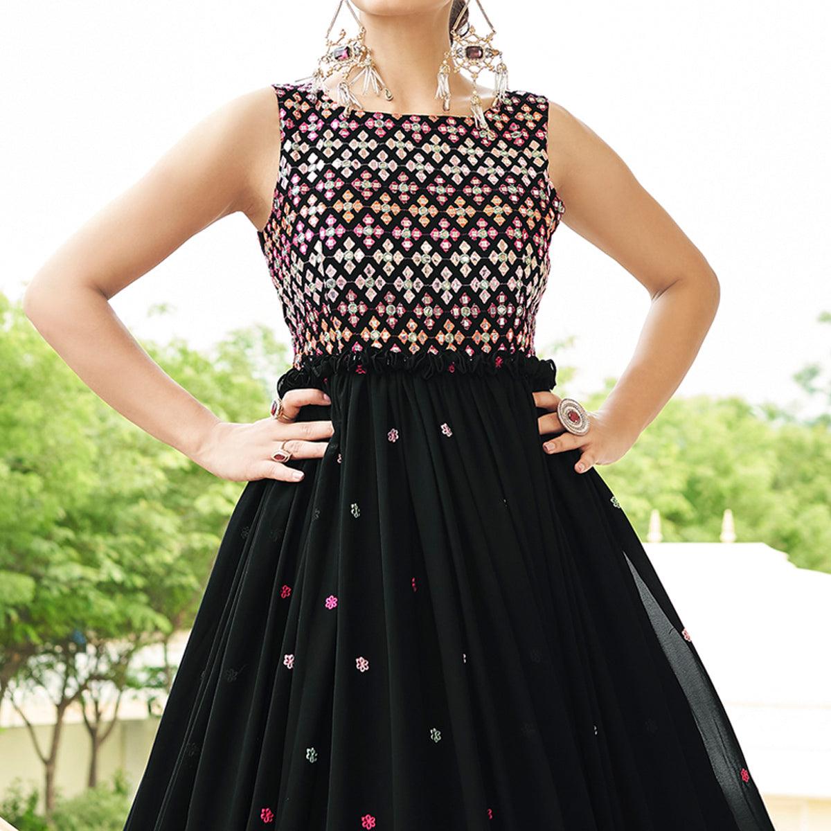 Black Embroidered Georgette Gown - Peachmode