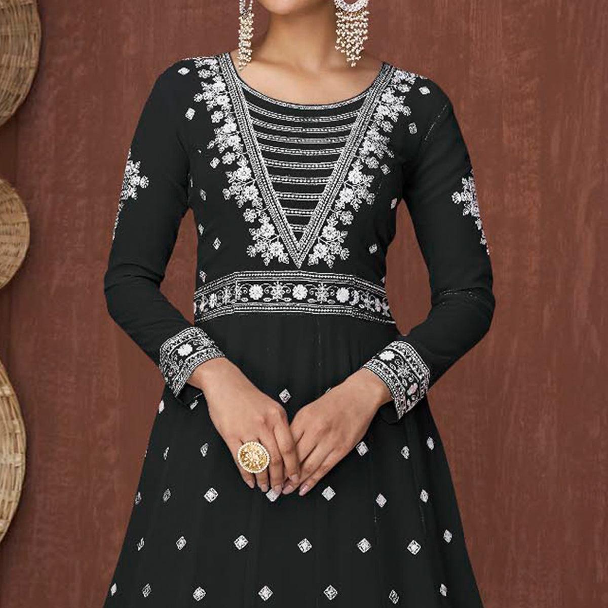 Black Embroidered Georgette Gown - Peachmode