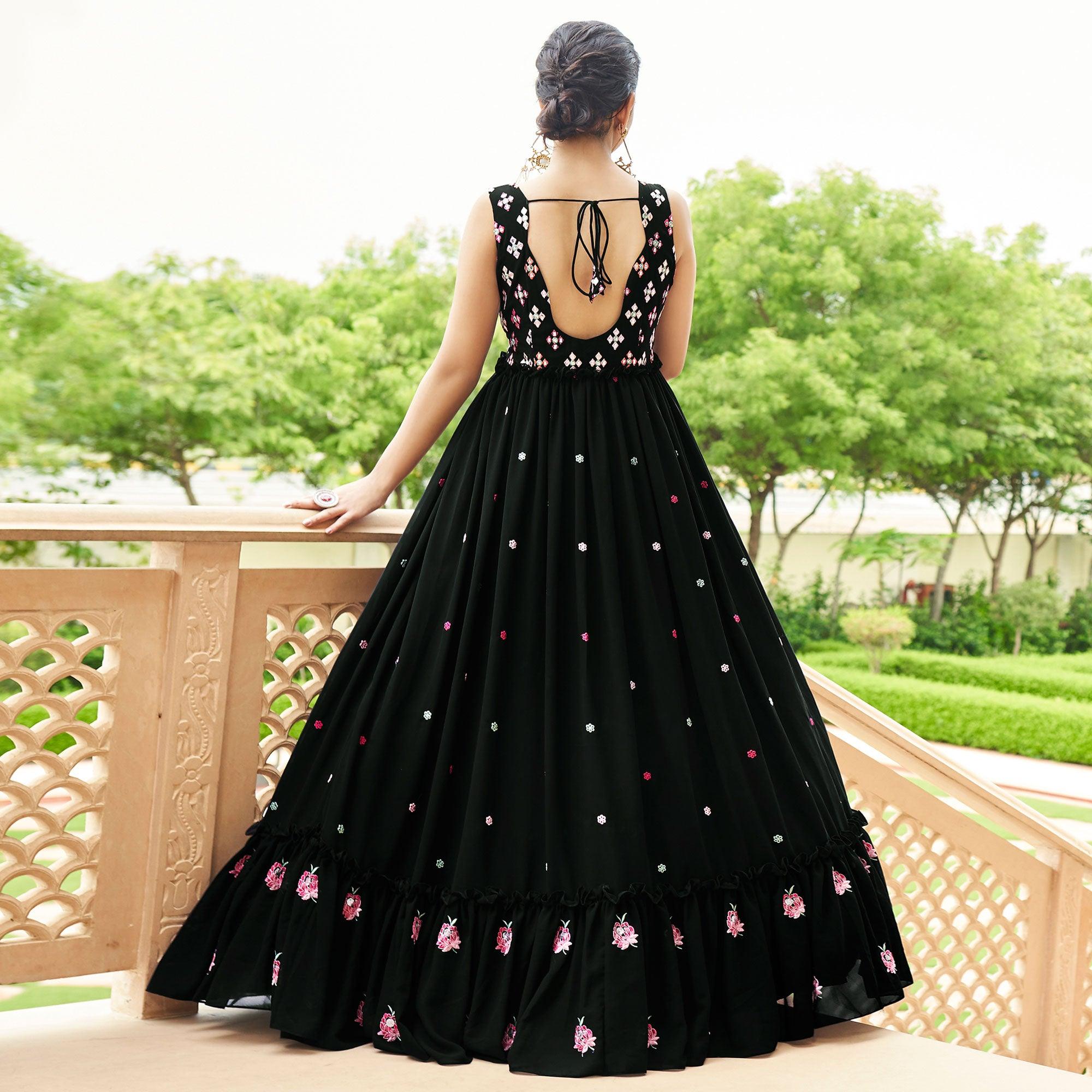 Black Embroidered Georgette Gown - Peachmode