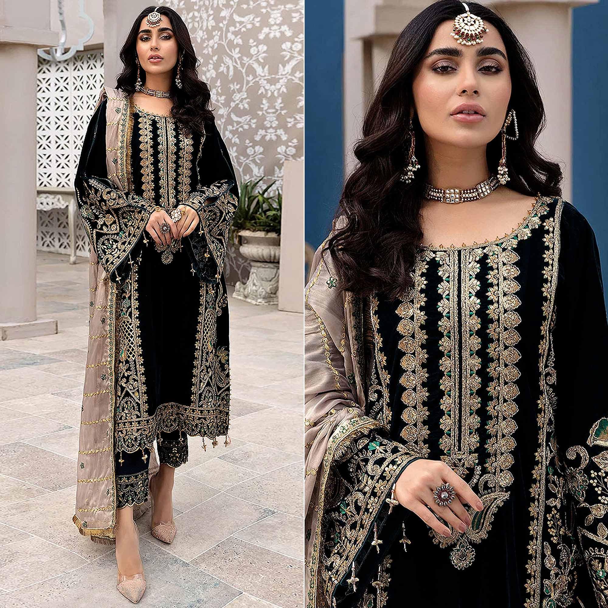 Black Embroidered Georgette Pakistani Suit - Peachmode