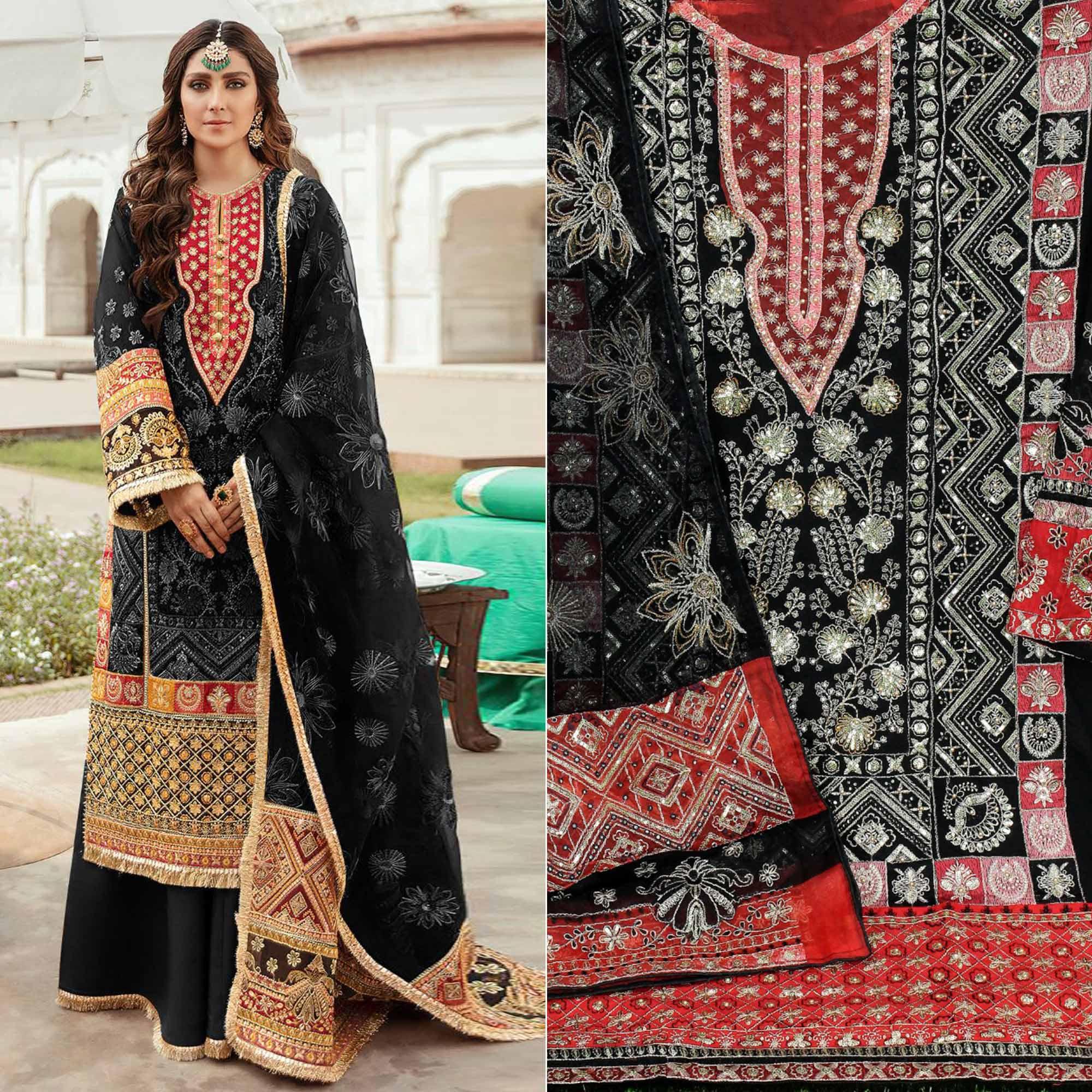 Black Embroidered Georgette Pakistani Suit - Peachmode