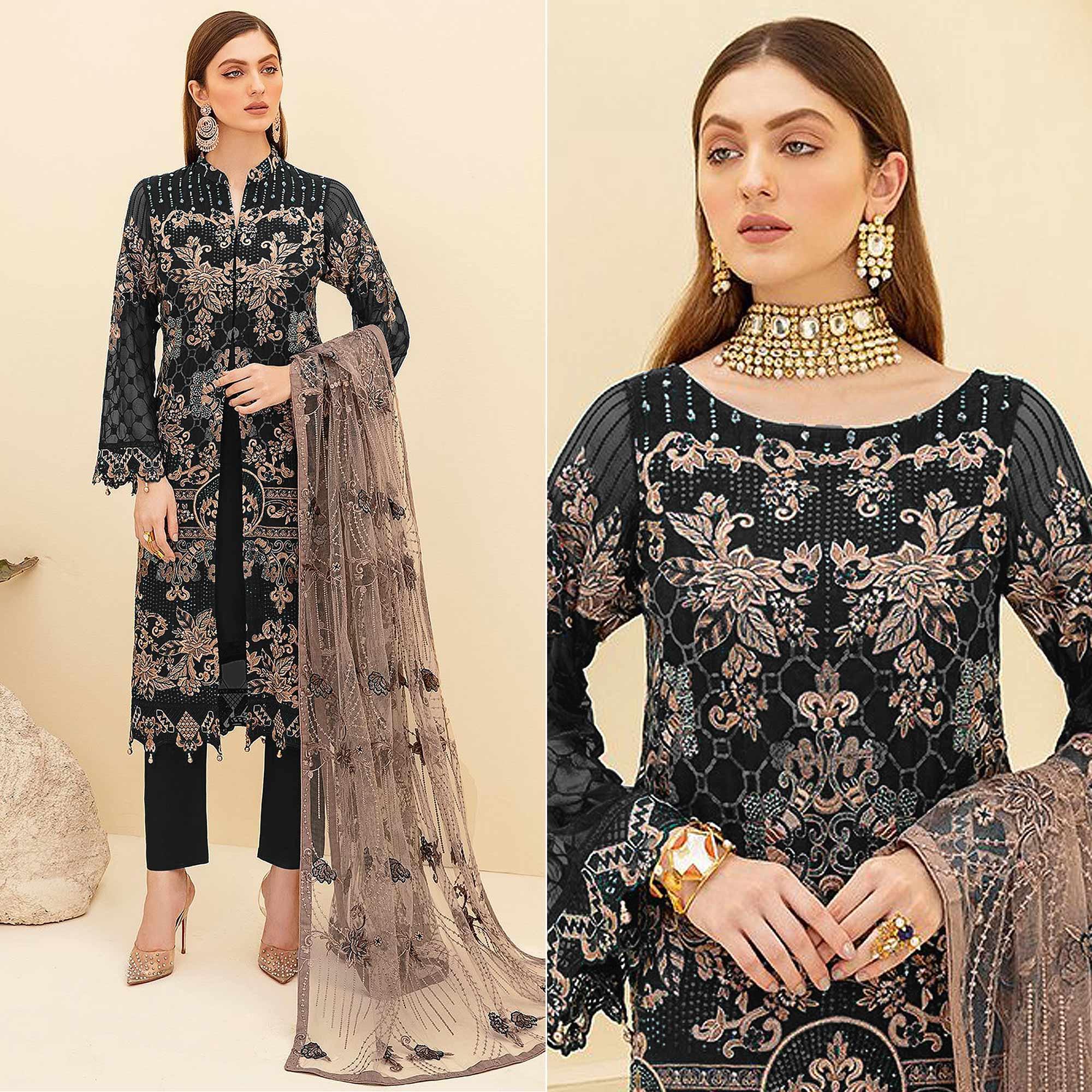 Black Embroidered Georgette Pakistani Suit - Peachmode