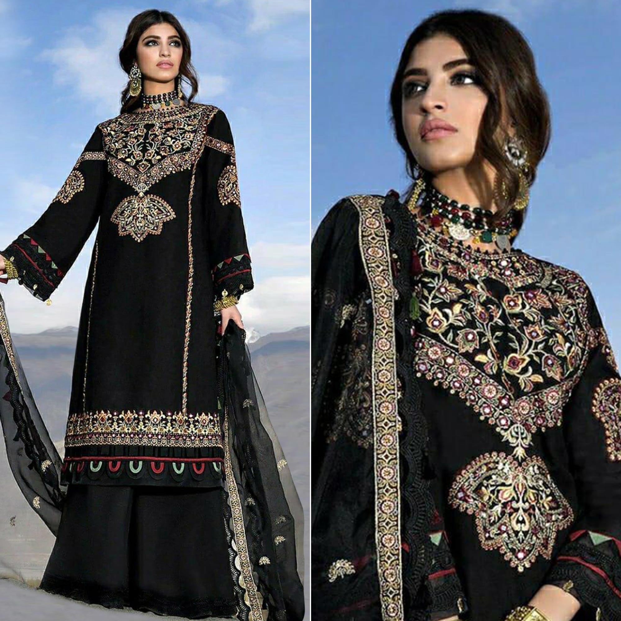 Black Embroidered Georgette Pakistani Suit - Peachmode