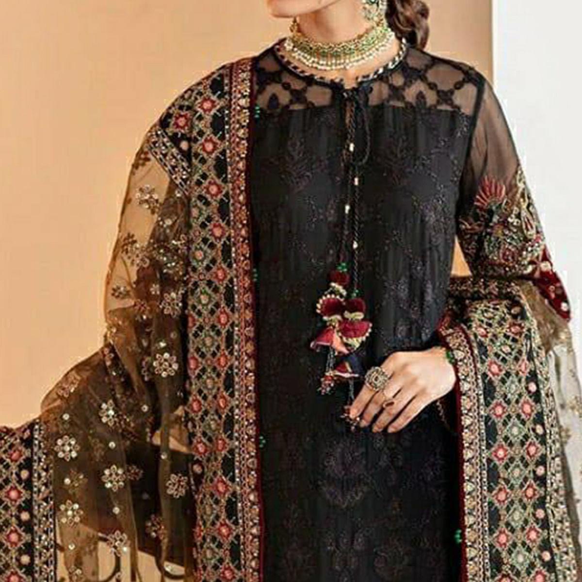 Black Embroidered Georgette Pakistani Suit - Peachmode