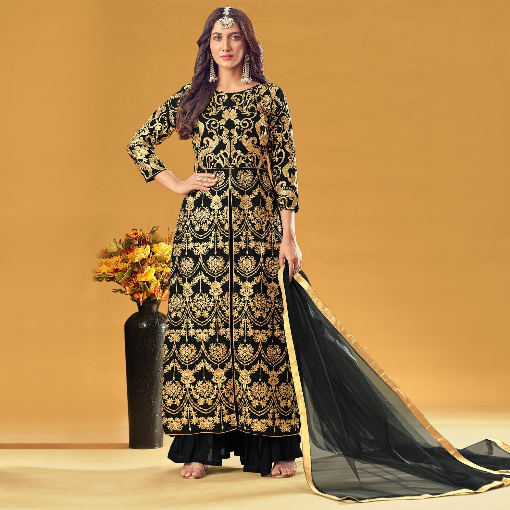 Black Embroidered Georgette Pakistani Suit - Peachmode