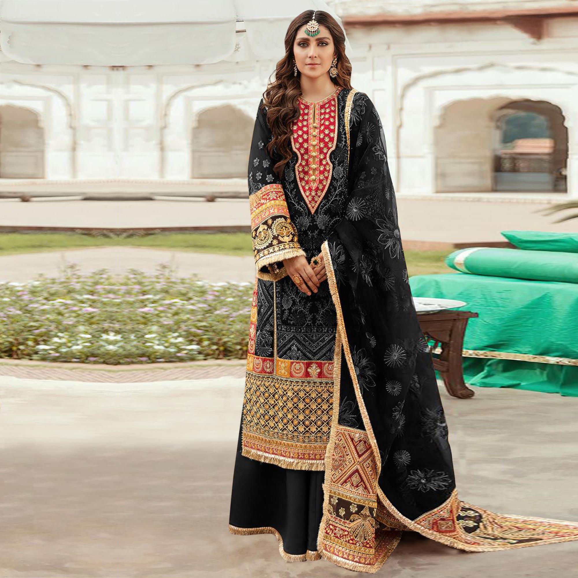 Black Embroidered Georgette Pakistani Suit - Peachmode