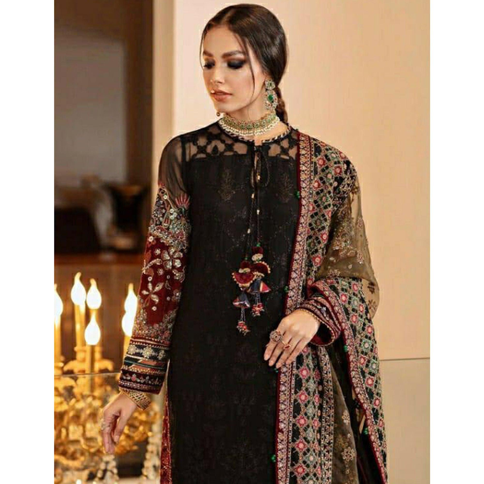 Black Embroidered Georgette Pakistani Suit - Peachmode