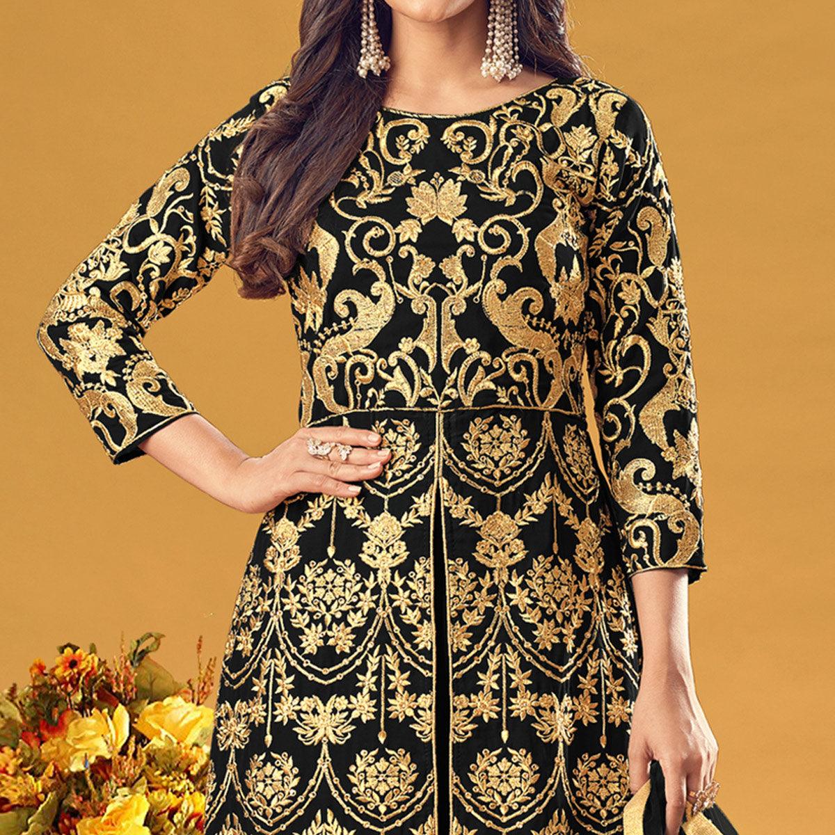 Black Embroidered Georgette Pakistani Suit - Peachmode