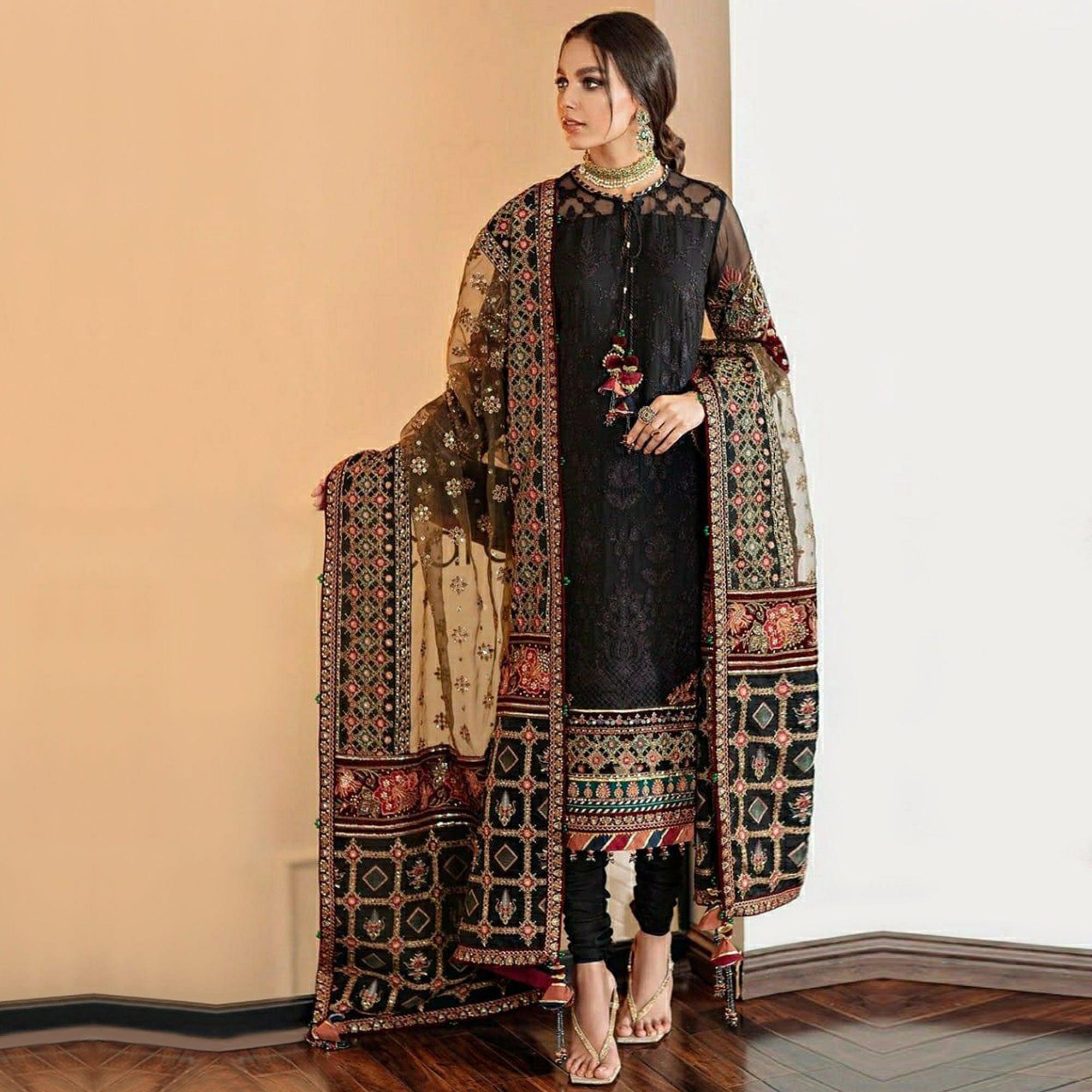 Black Embroidered Georgette Pakistani Suit - Peachmode