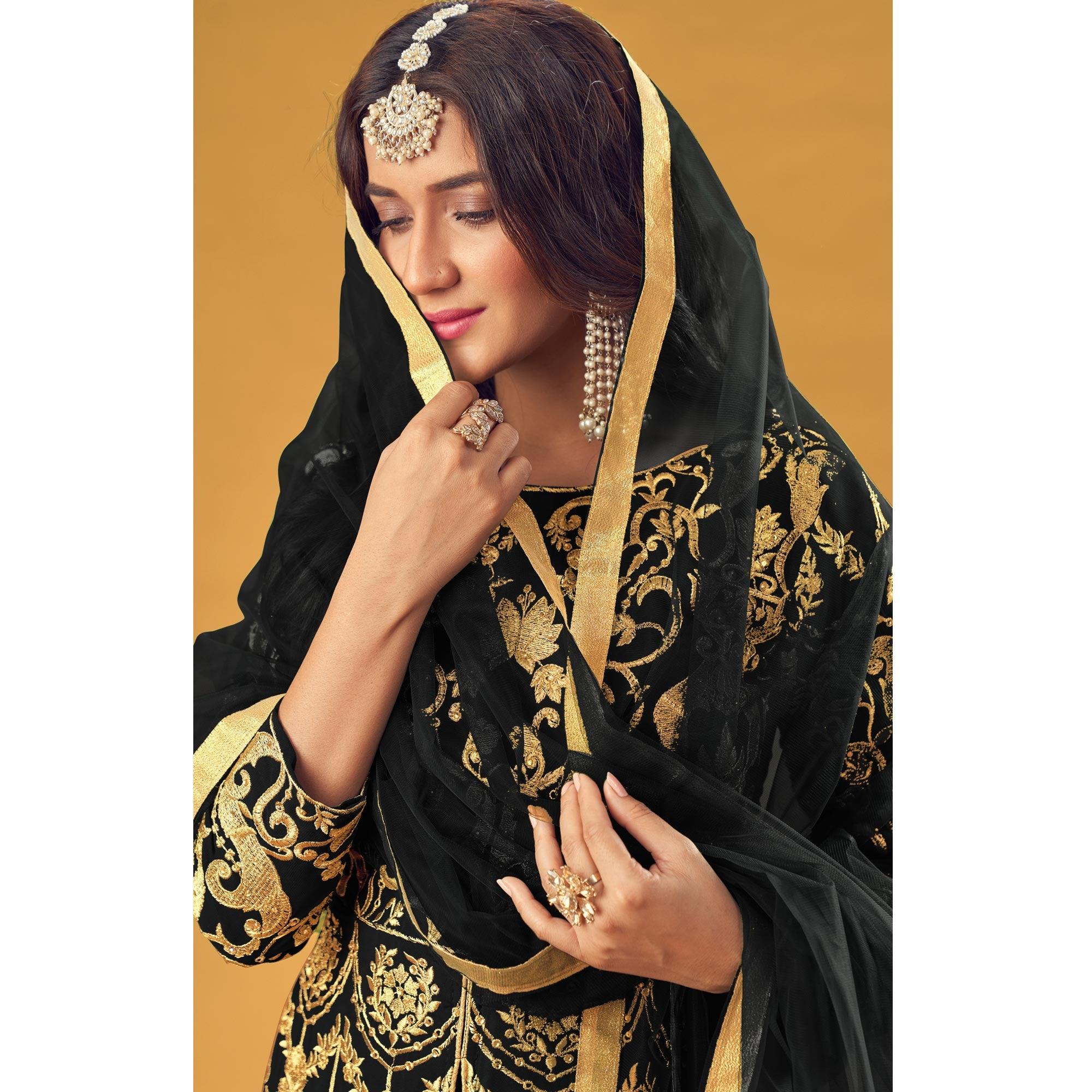 Black Embroidered Georgette Pakistani Suit - Peachmode