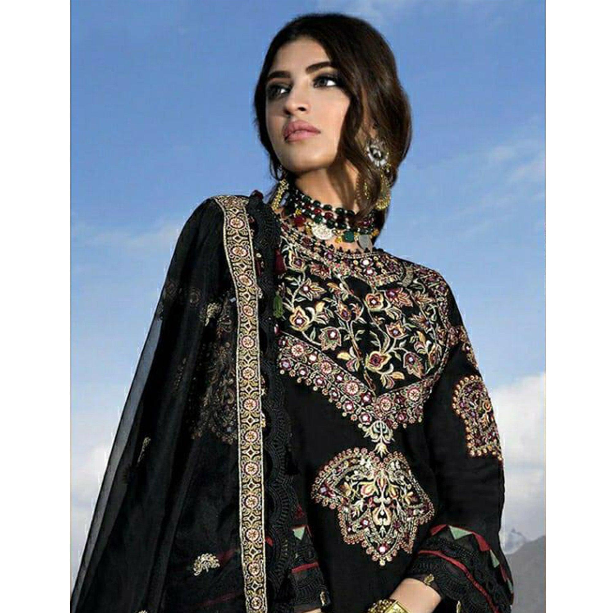 Black Embroidered Georgette Pakistani Suit - Peachmode