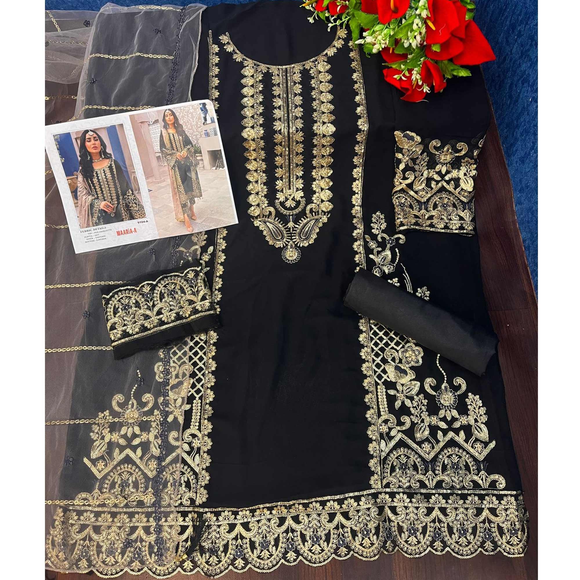 Black Embroidered Georgette Pakistani Suit - Peachmode