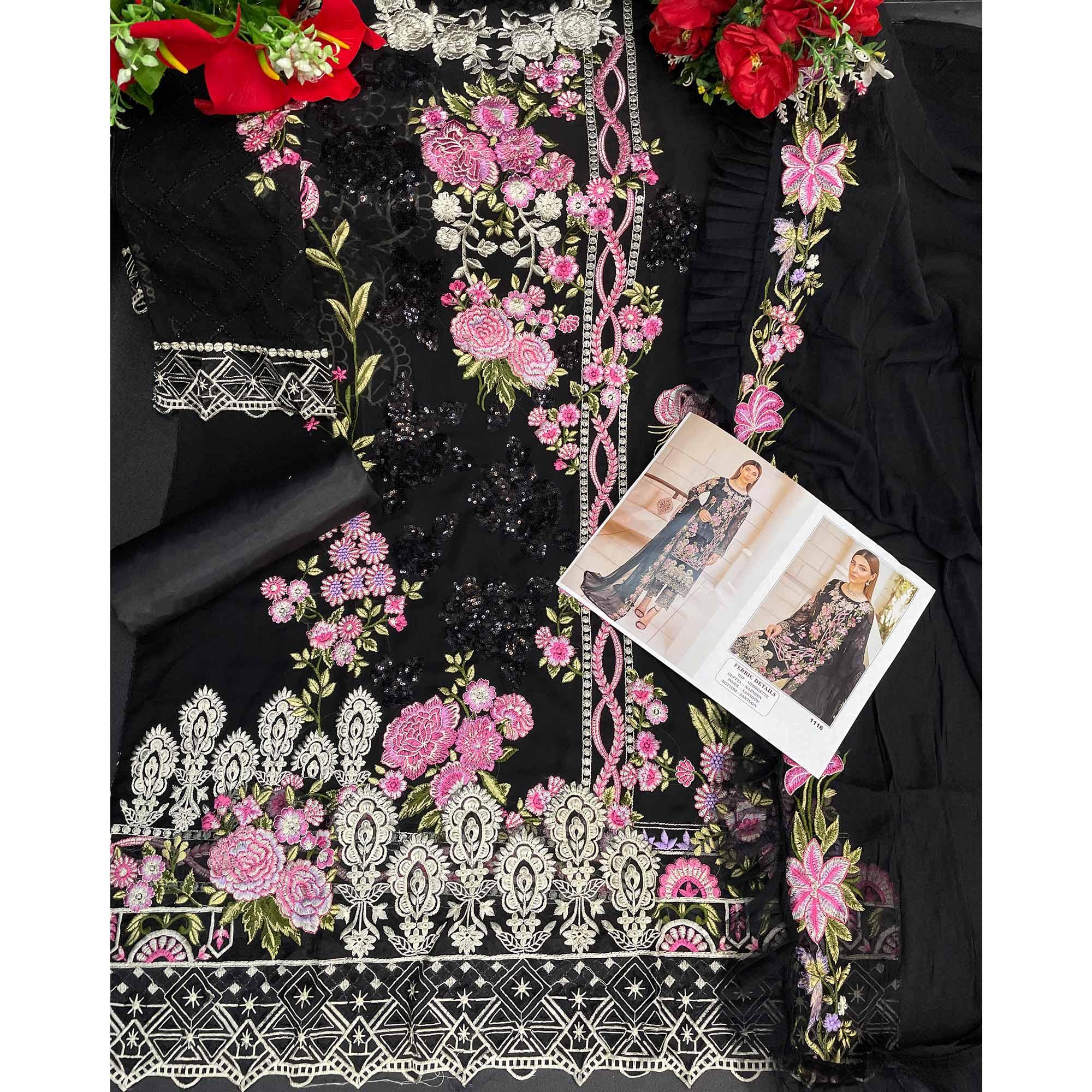 Black Embroidered Georgette Pakistani Suit - Peachmode