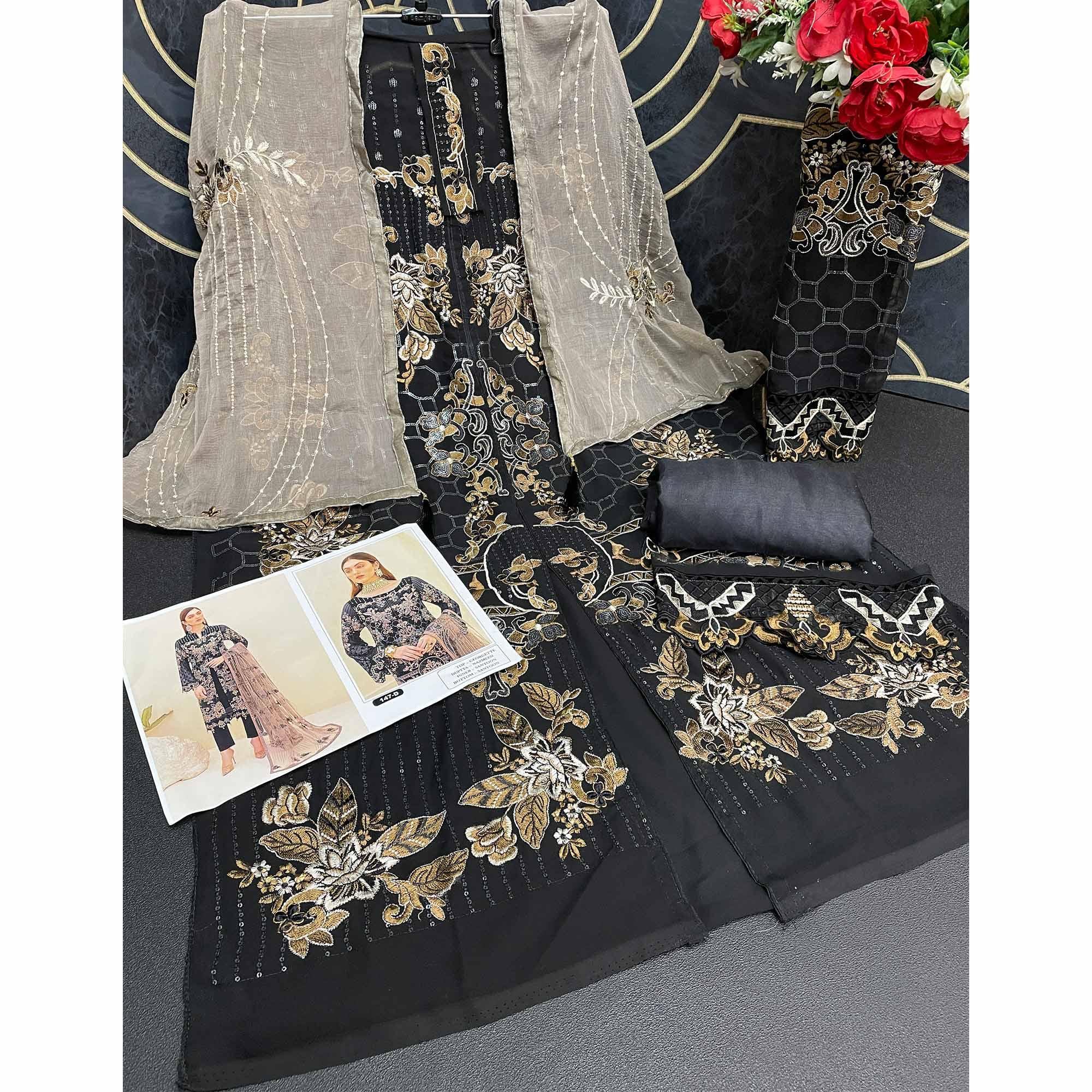 Black Embroidered Georgette Pakistani Suit - Peachmode