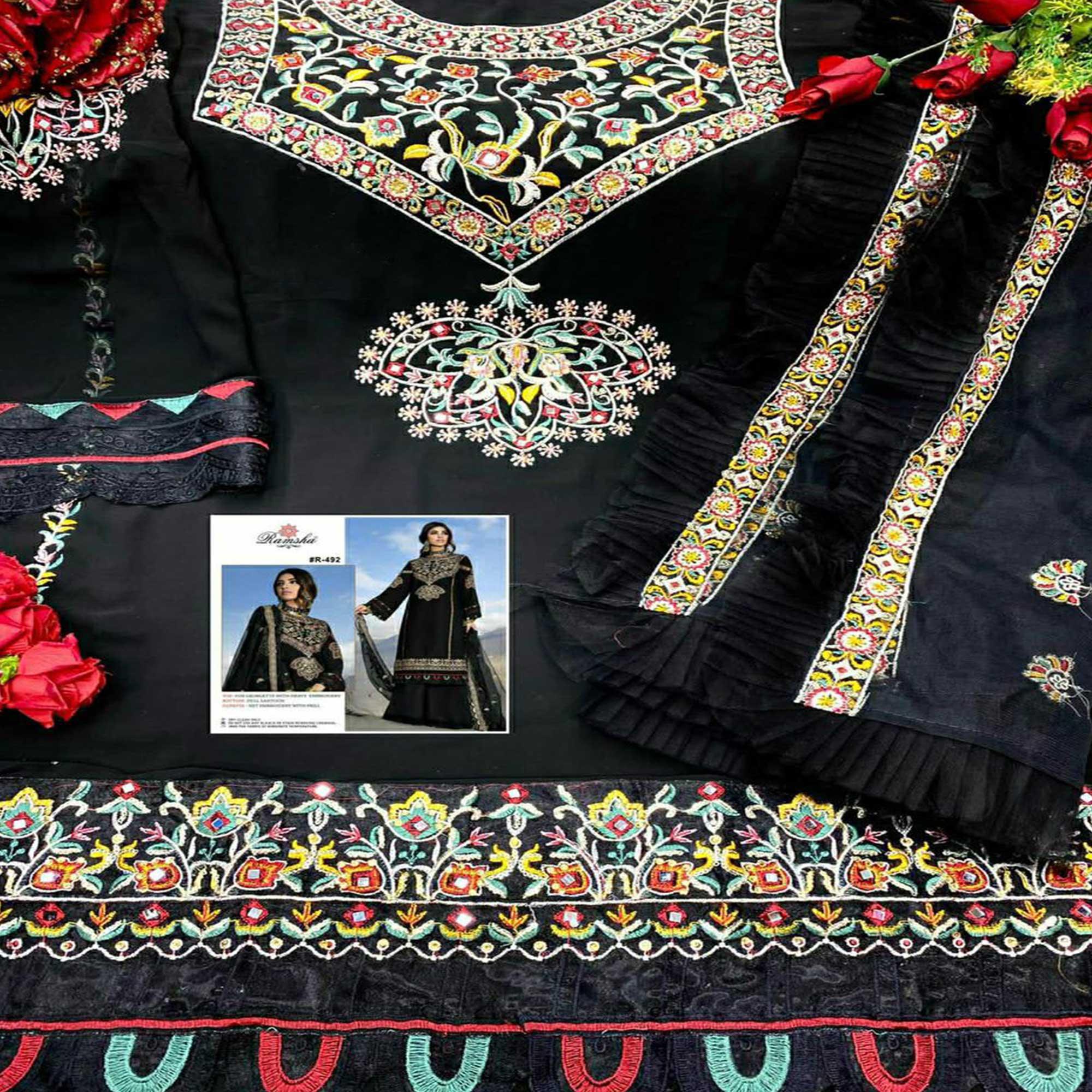 Black Embroidered Georgette Pakistani Suit - Peachmode