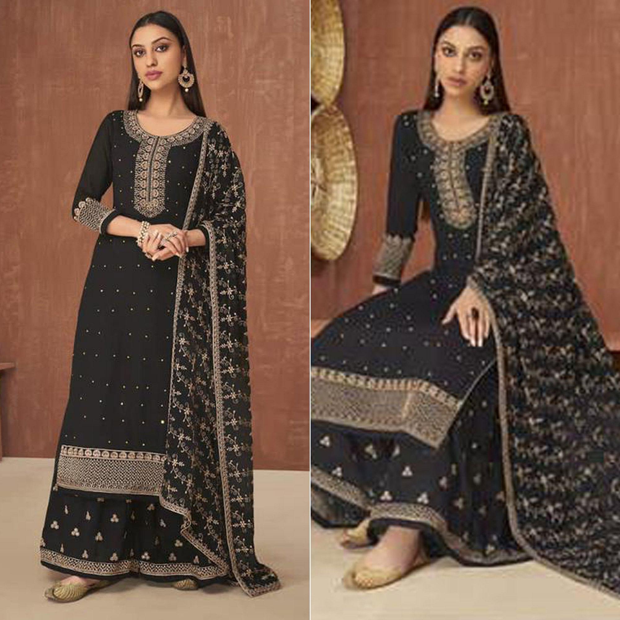 Black Embroidered Georgette Palazzo Suit - Peachmode