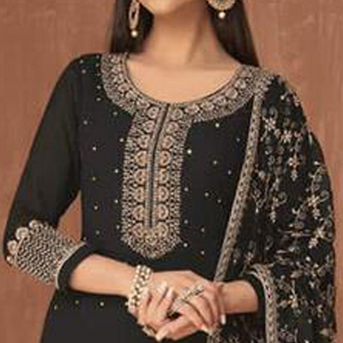 Black Embroidered Georgette Palazzo Suit - Peachmode