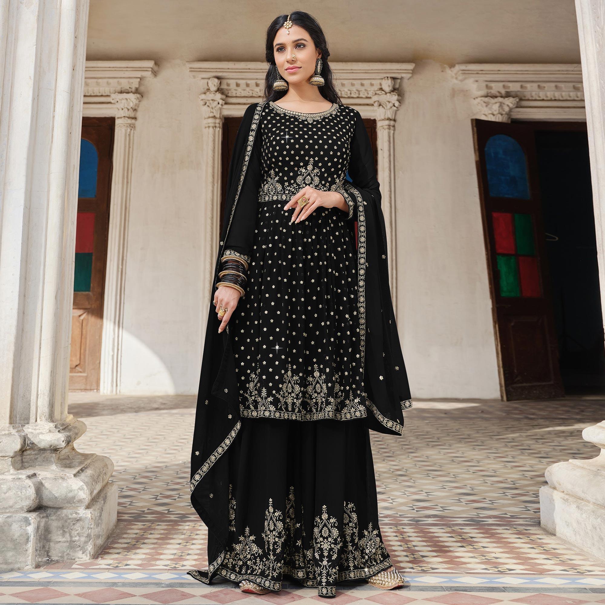 Black Embroidered Georgette Palazzo Suit - Peachmode