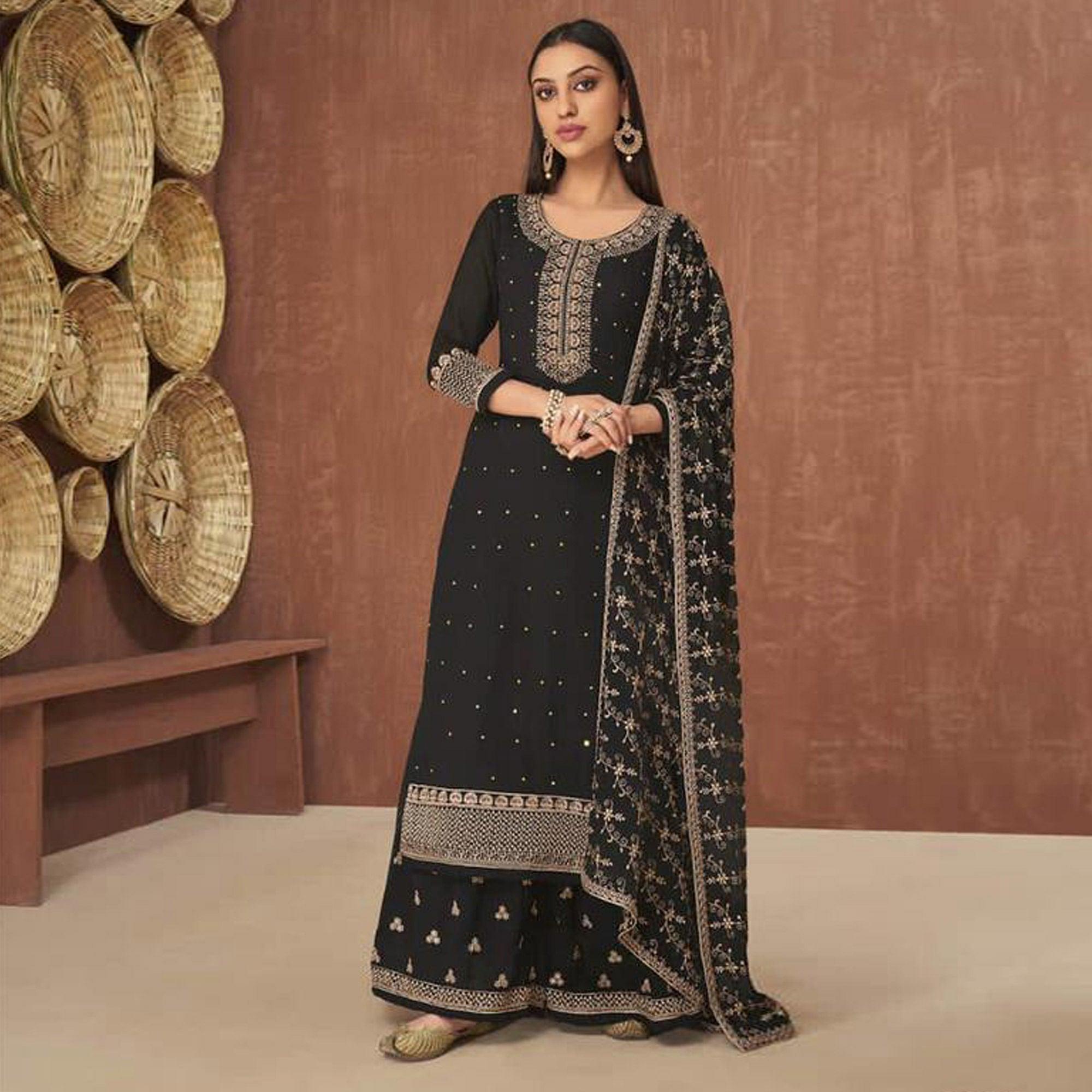 Black Embroidered Georgette Palazzo Suit - Peachmode