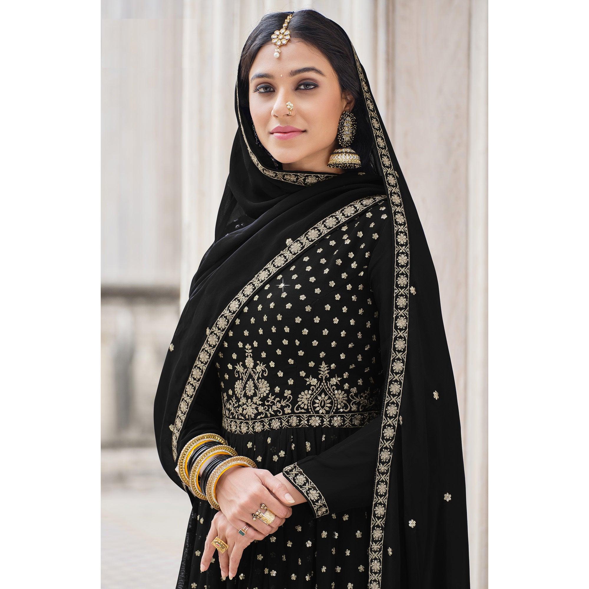 Black Embroidered Georgette Palazzo Suit - Peachmode