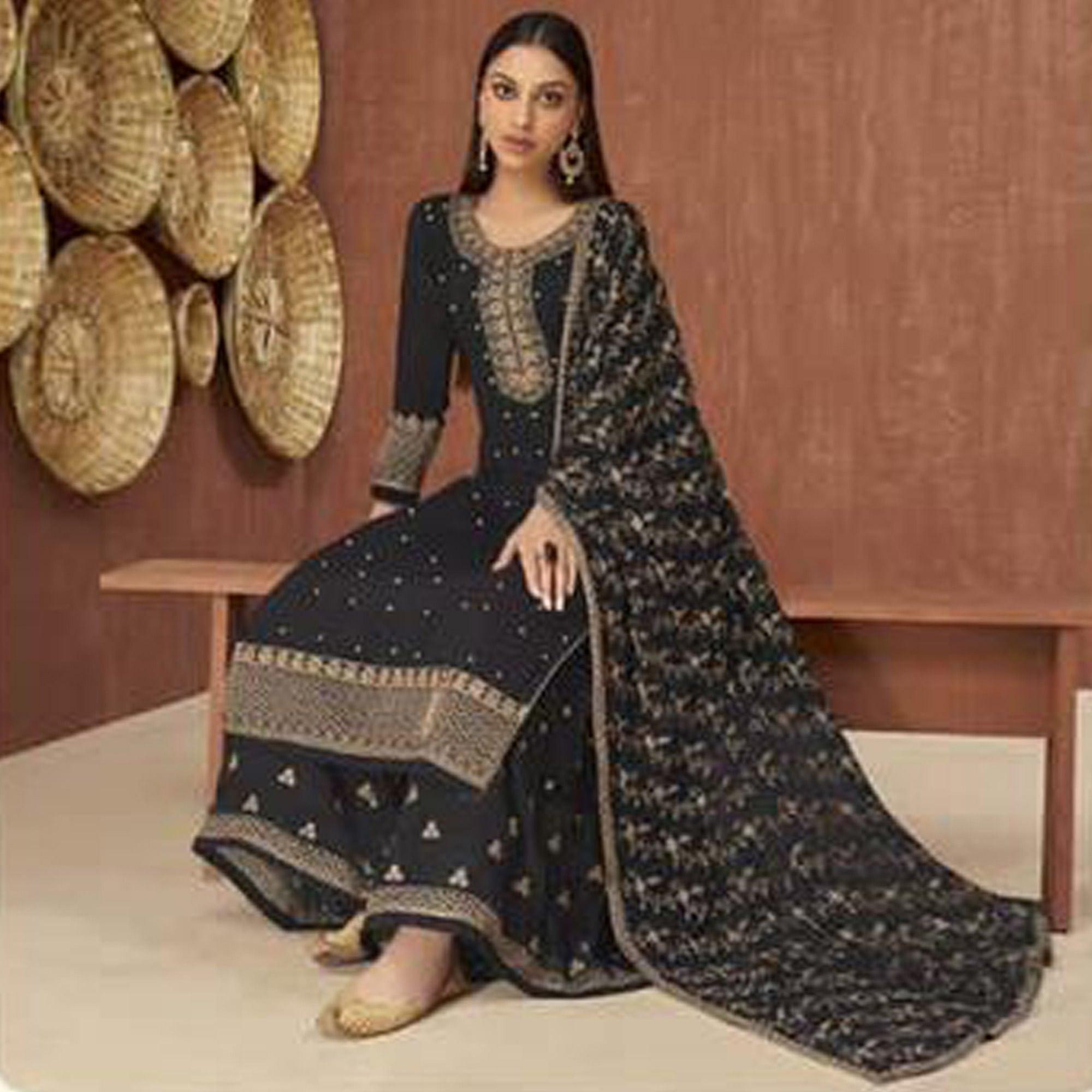 Black Embroidered Georgette Palazzo Suit - Peachmode