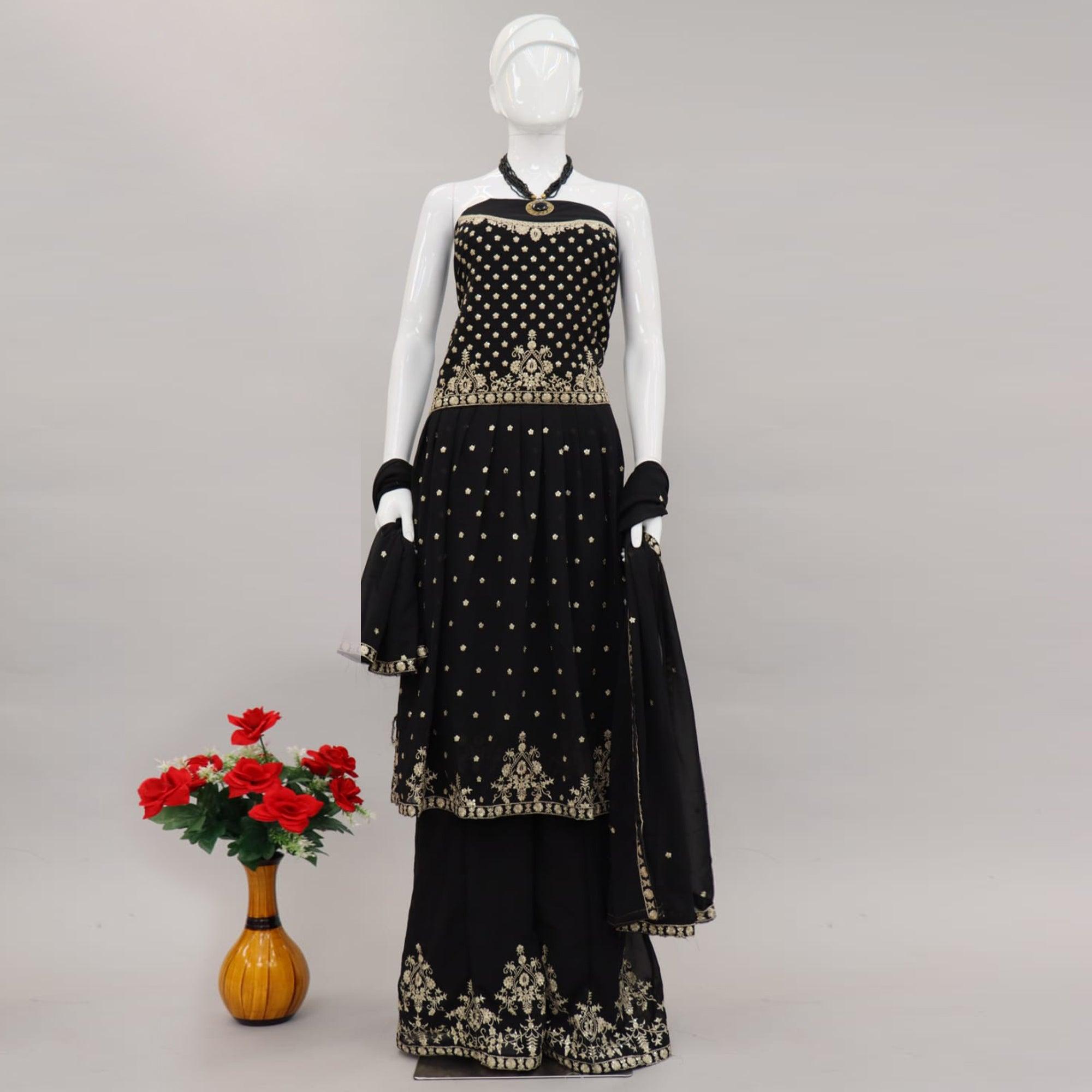 Black Embroidered Georgette Palazzo Suit - Peachmode