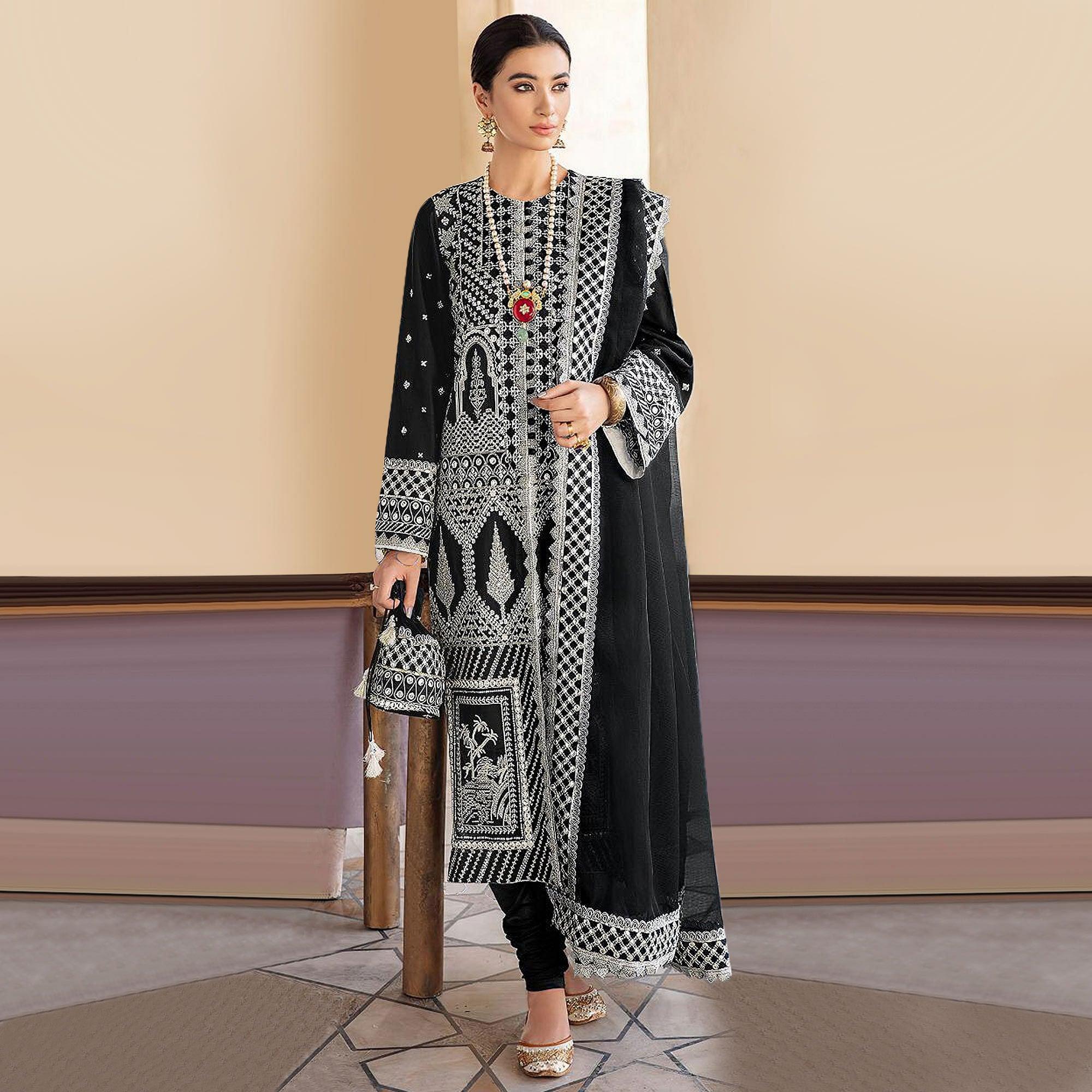 Black Embroidered Georgette Partywear Pakistani Suit - Peachmode