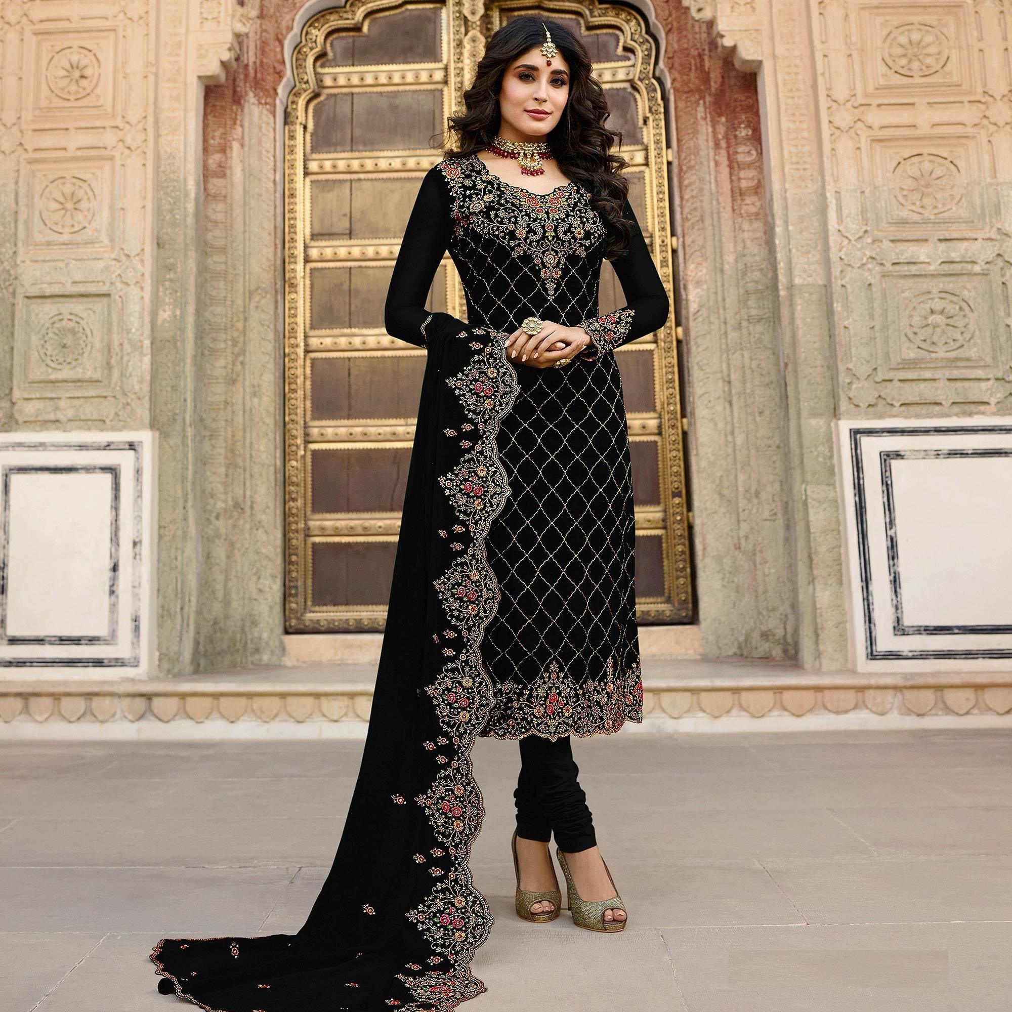 Black Embroidered Georgette Partywear Suit - Peachmode