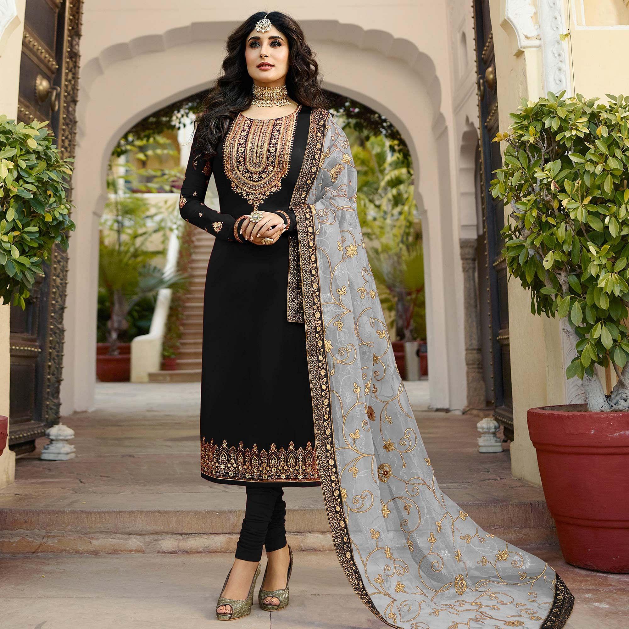 Black Embroidered Georgette Partywear Suit - Peachmode