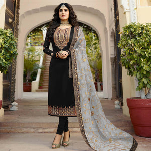Black Embroidered Georgette Partywear Suit - Peachmode
