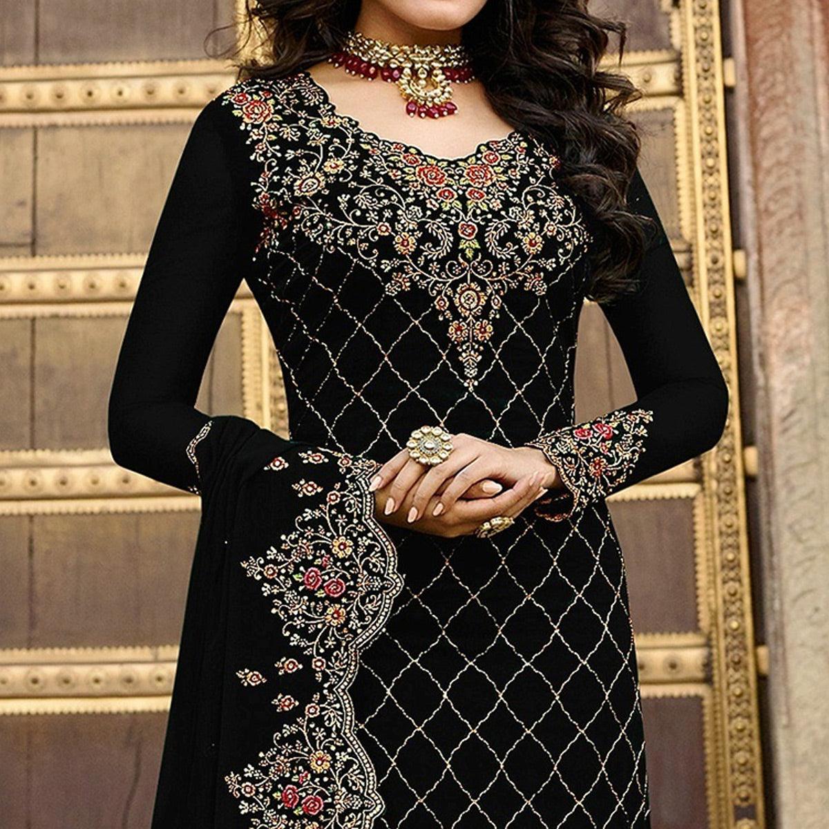 Black Embroidered Georgette Partywear Suit - Peachmode