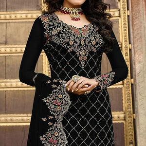 Black Embroidered Georgette Partywear Suit - Peachmode