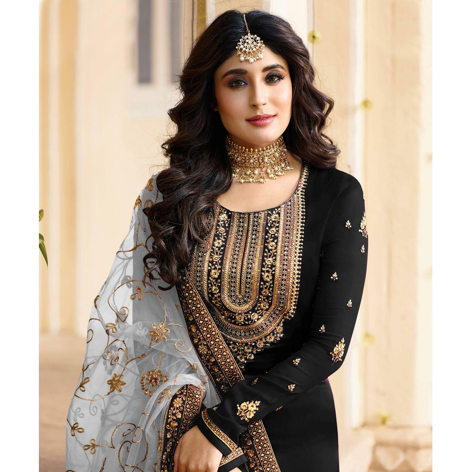 Black Embroidered Georgette Partywear Suit - Peachmode