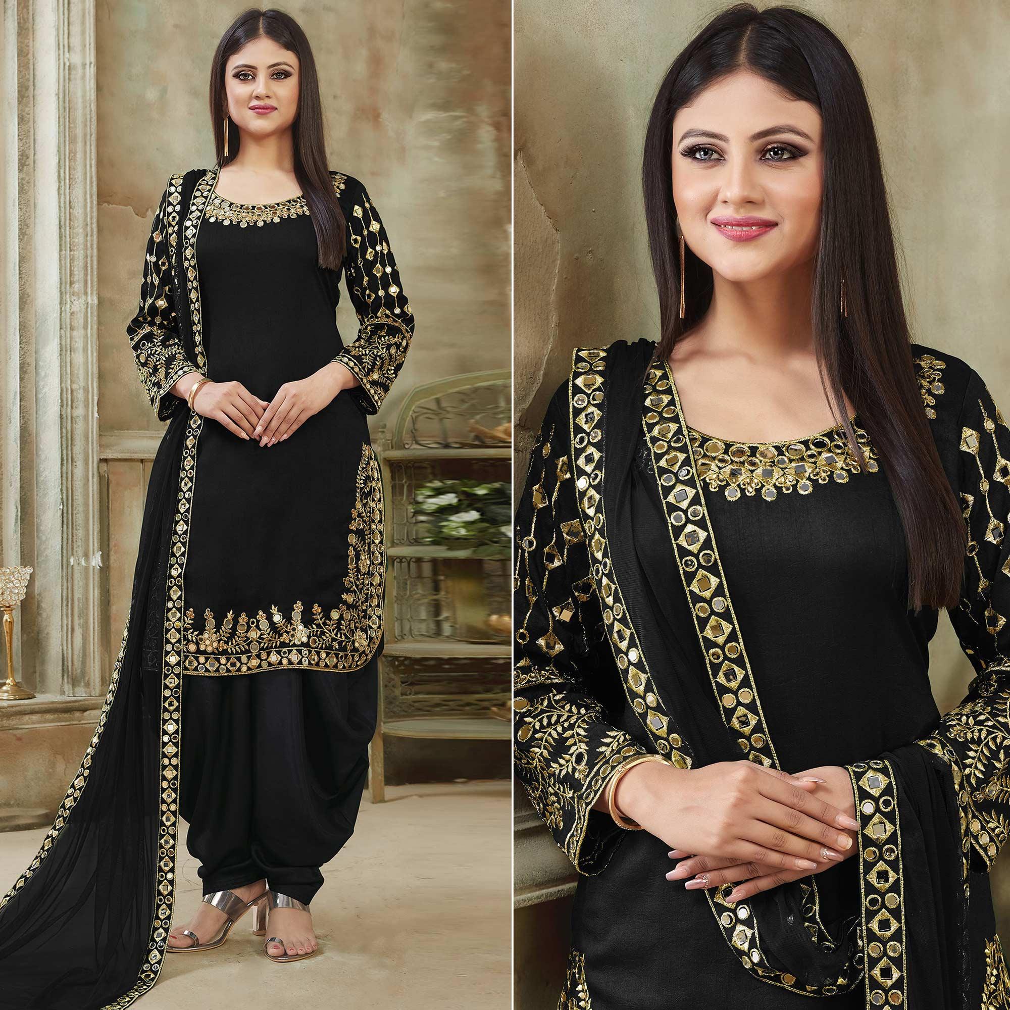Black Embroidered Georgette Patiala Suit - Peachmode