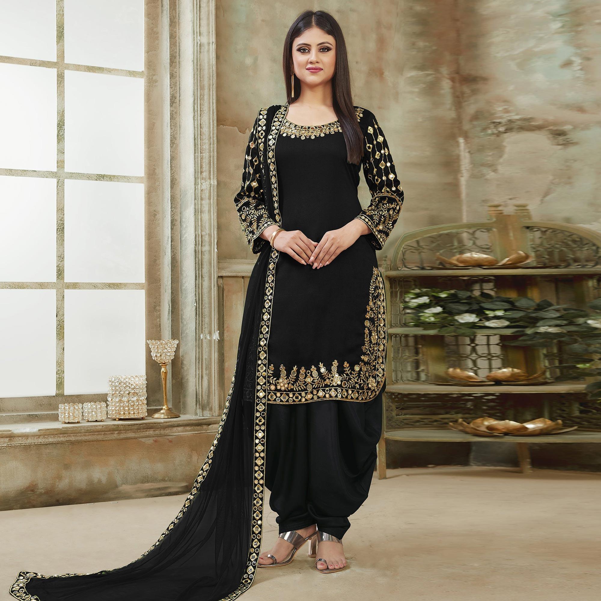 Black Embroidered Georgette Patiala Suit - Peachmode