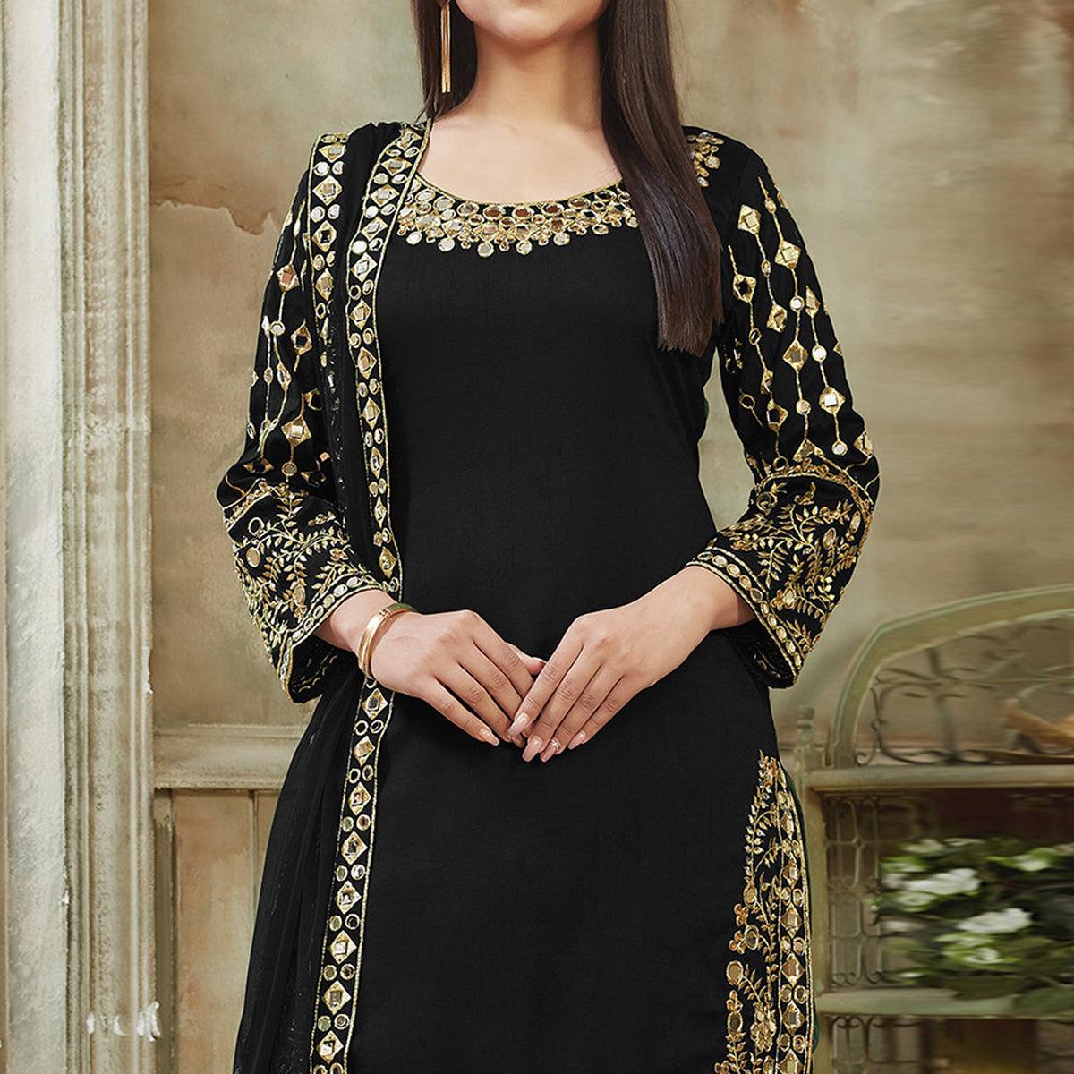 Black Embroidered Georgette Patiala Suit - Peachmode