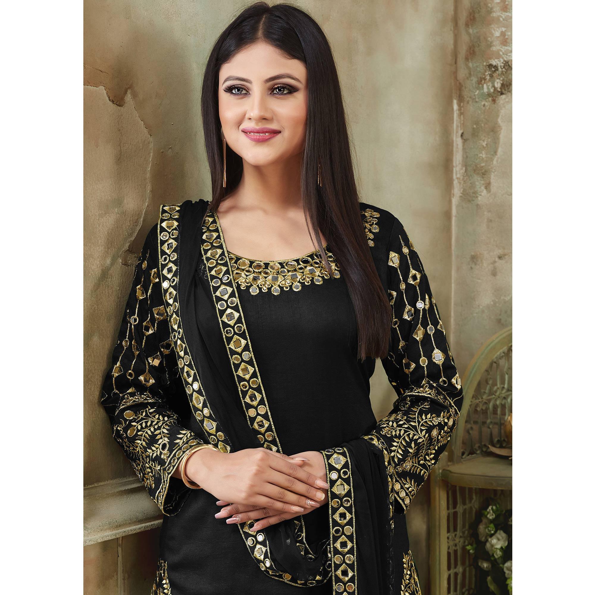 Black Embroidered Georgette Patiala Suit - Peachmode