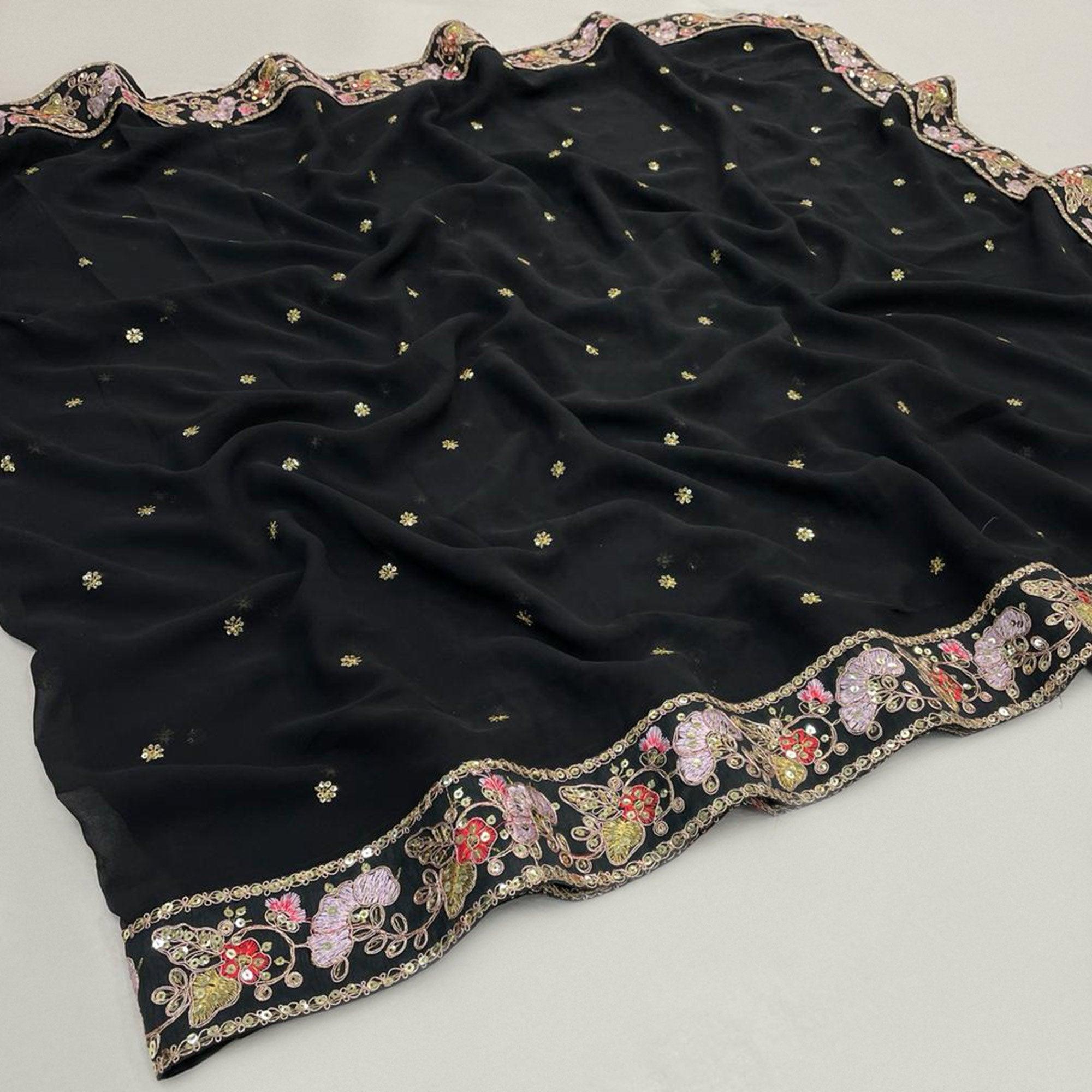 Black Embroidered Georgette Saree - Peachmode