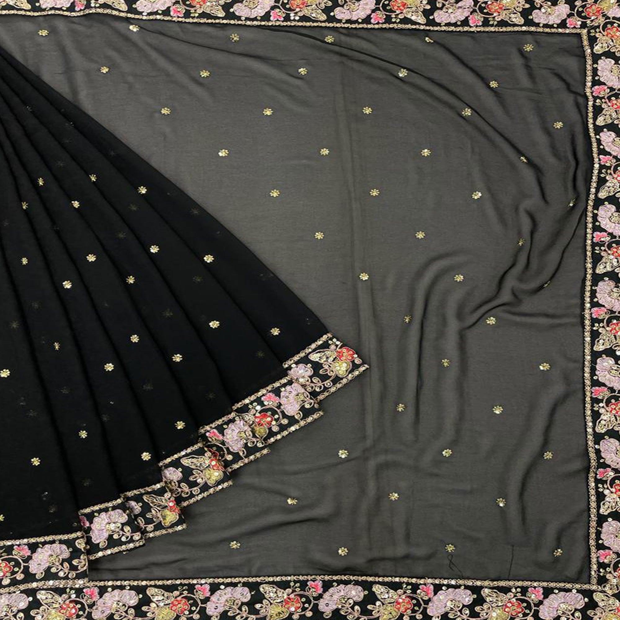 Black Embroidered Georgette Saree - Peachmode