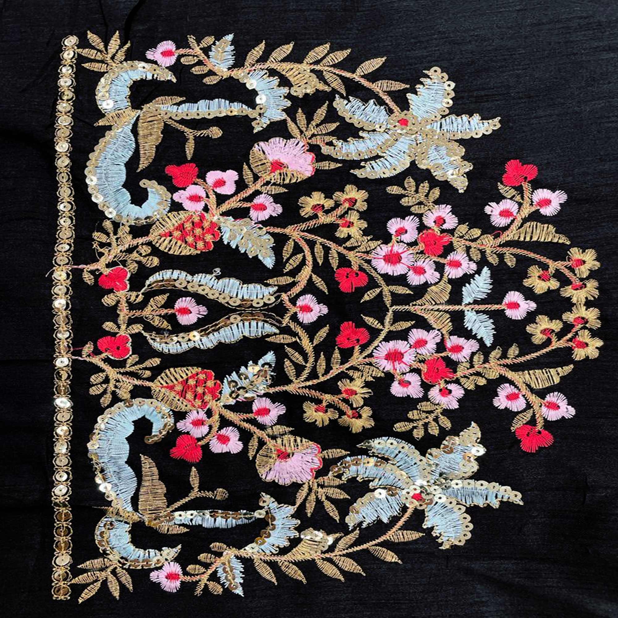 Black Embroidered Georgette Saree - Peachmode