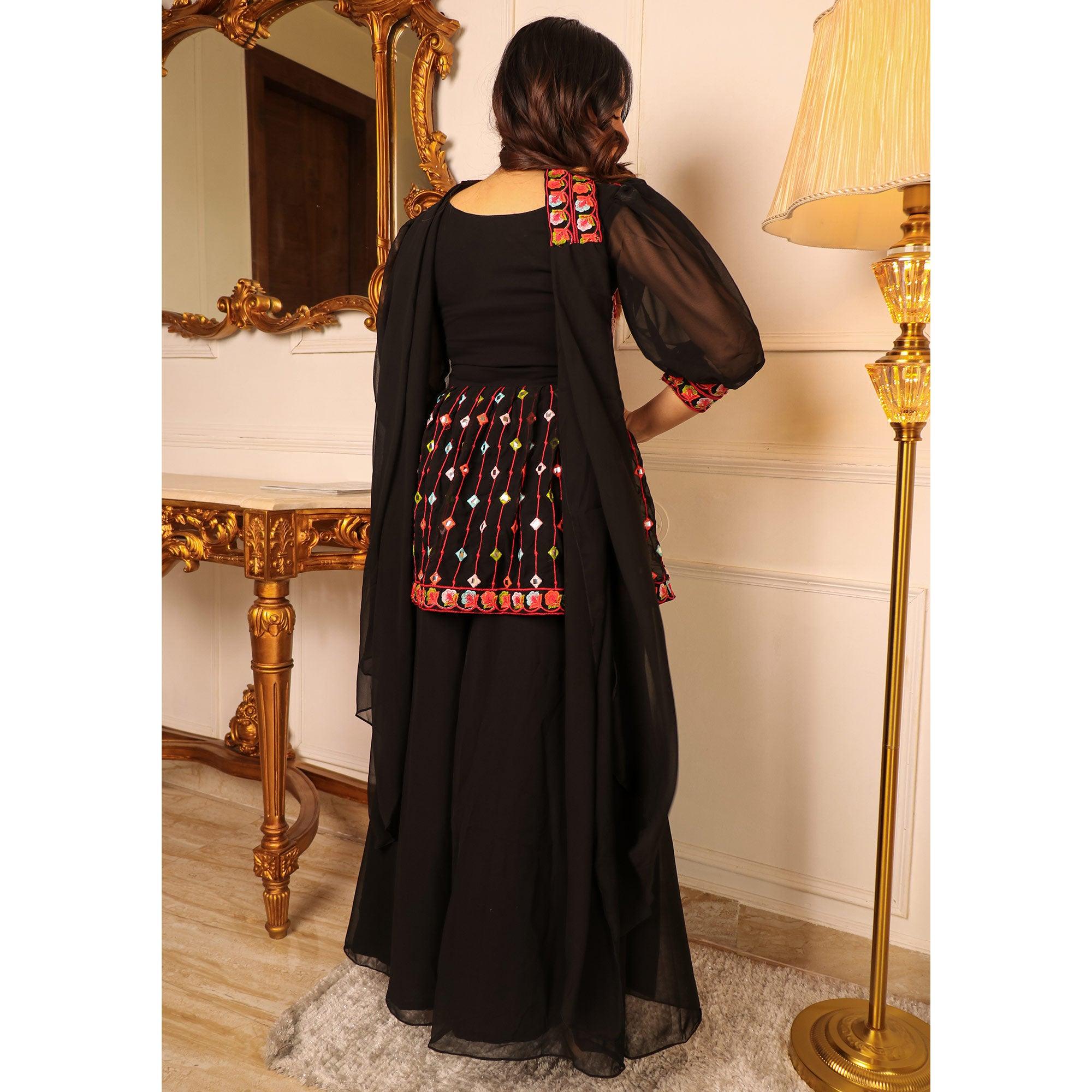 Black Embroidered Georgette Sharara Suit - Peachmode