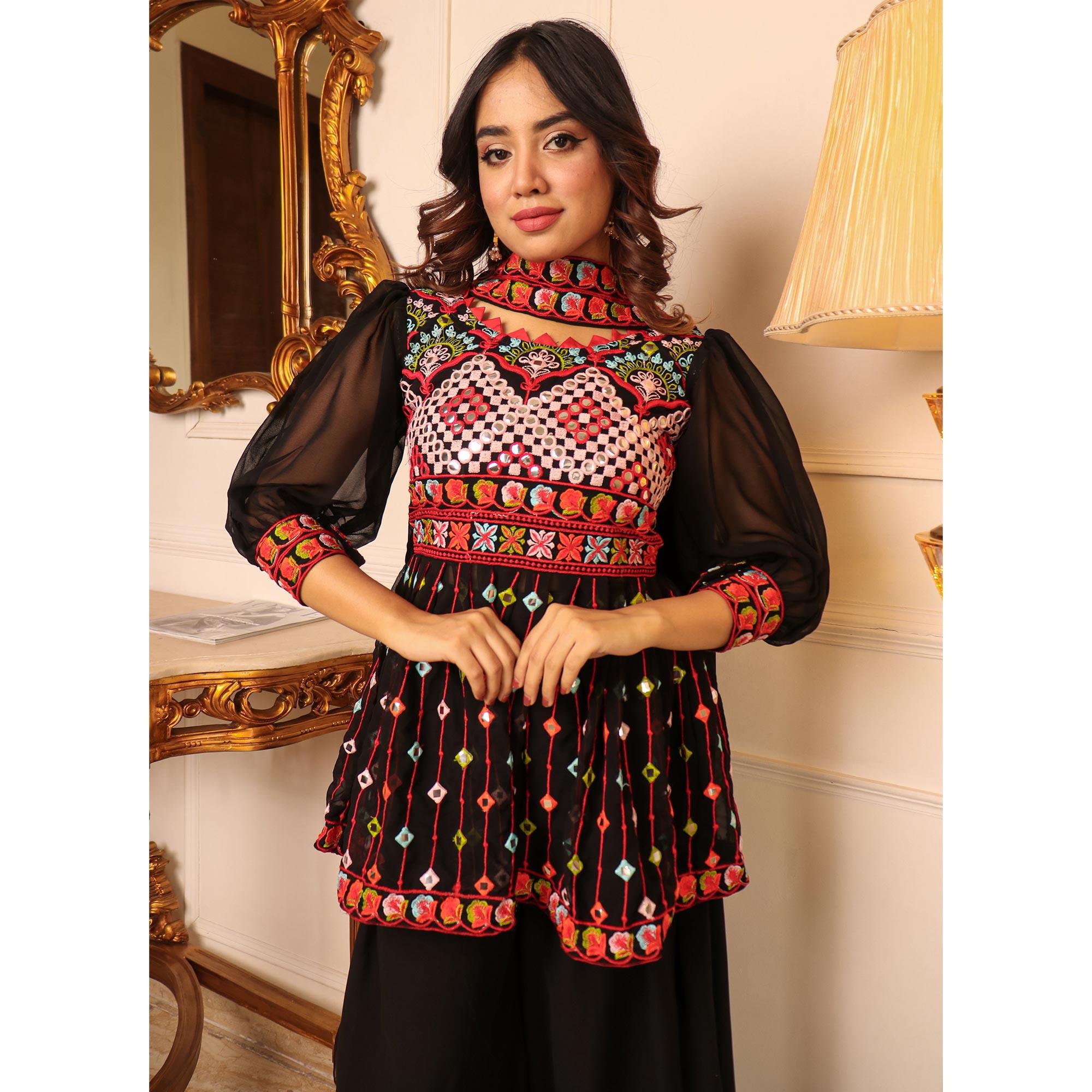 Black Embroidered Georgette Sharara Suit - Peachmode