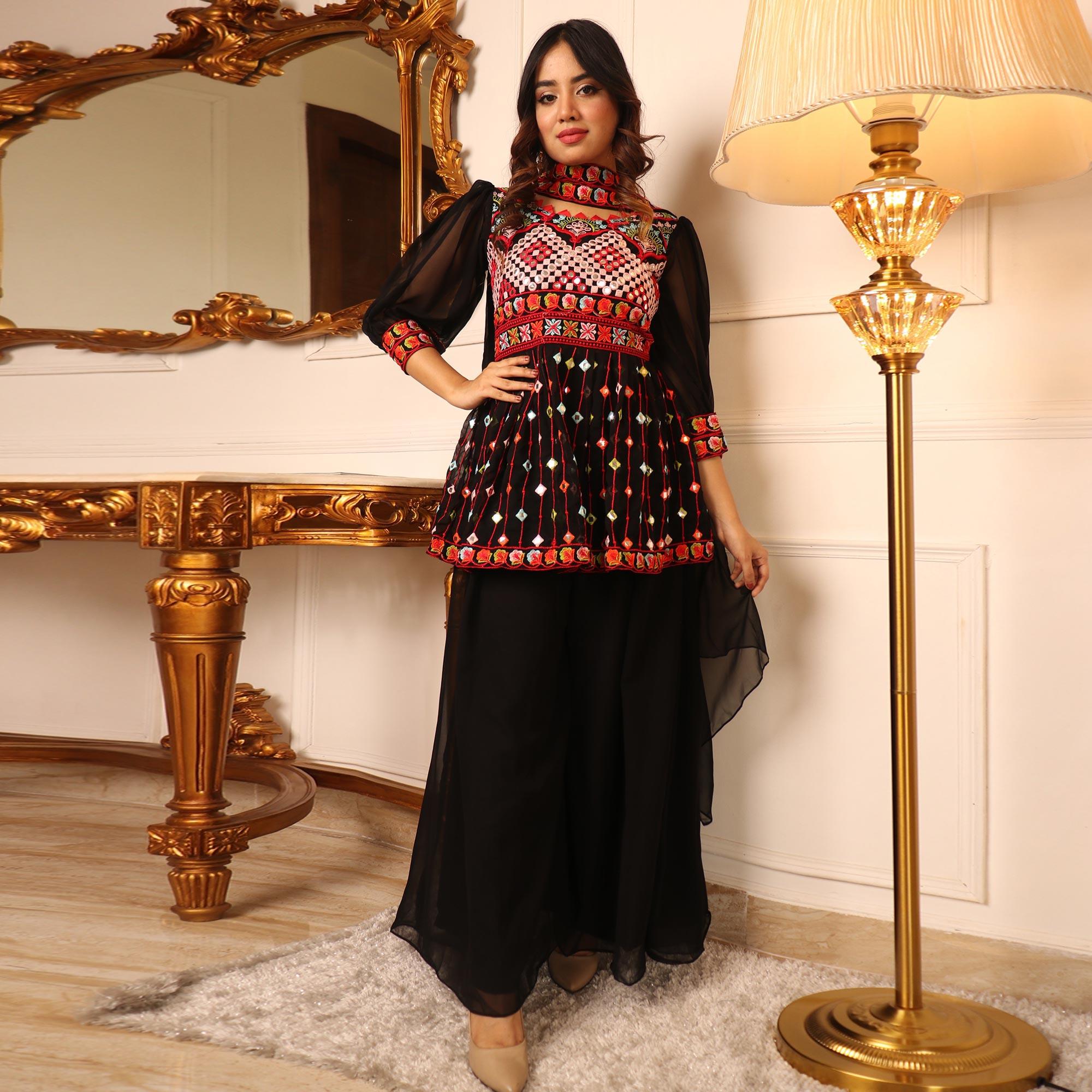 Black Embroidered Georgette Sharara Suit - Peachmode