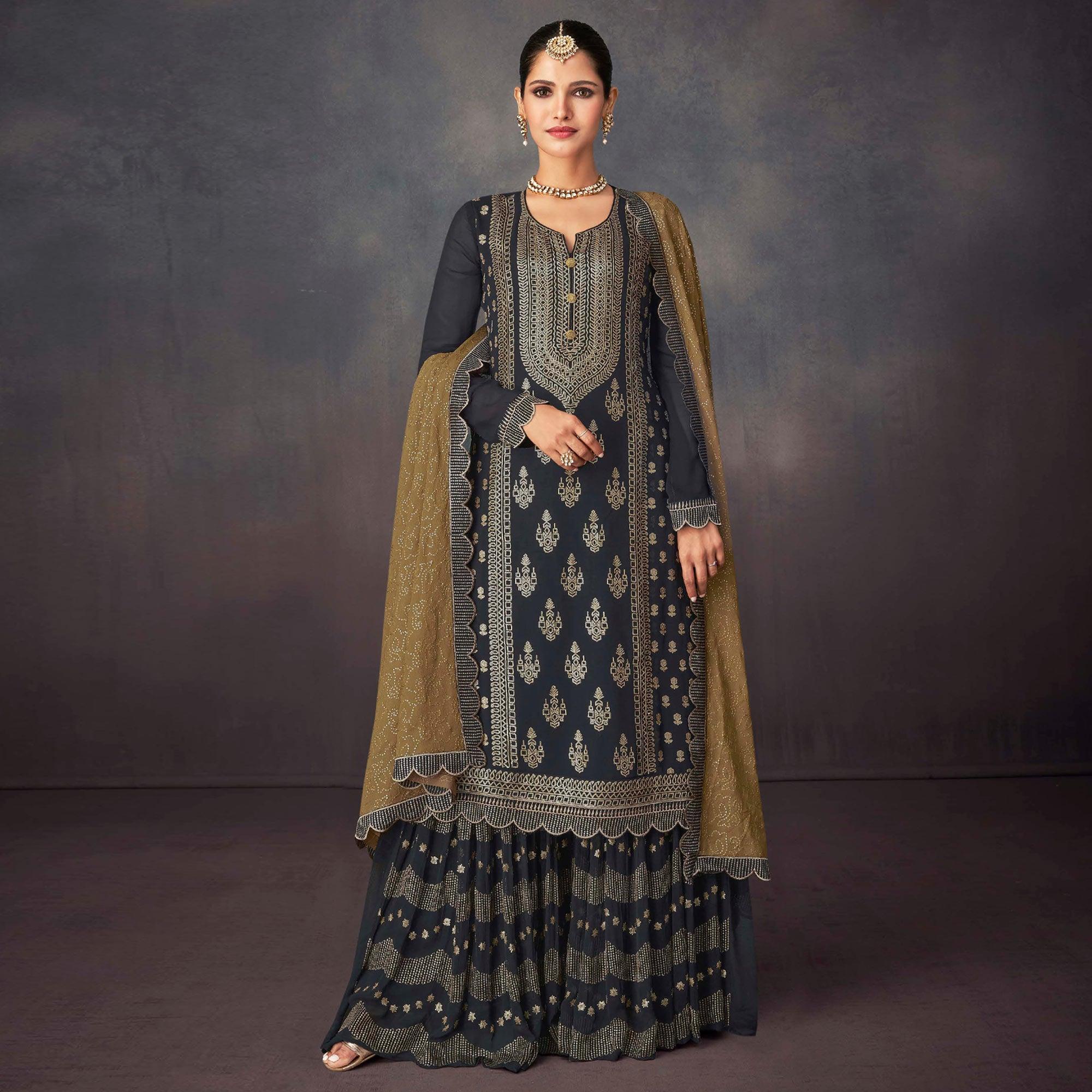 Black Embroidered Georgette Sharara Suit - Peachmode