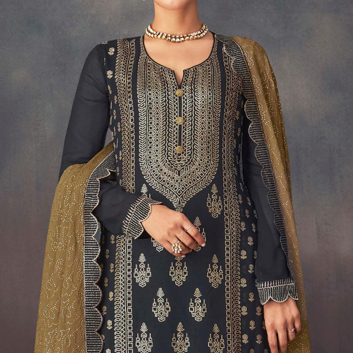 Black Embroidered Georgette Sharara Suit - Peachmode