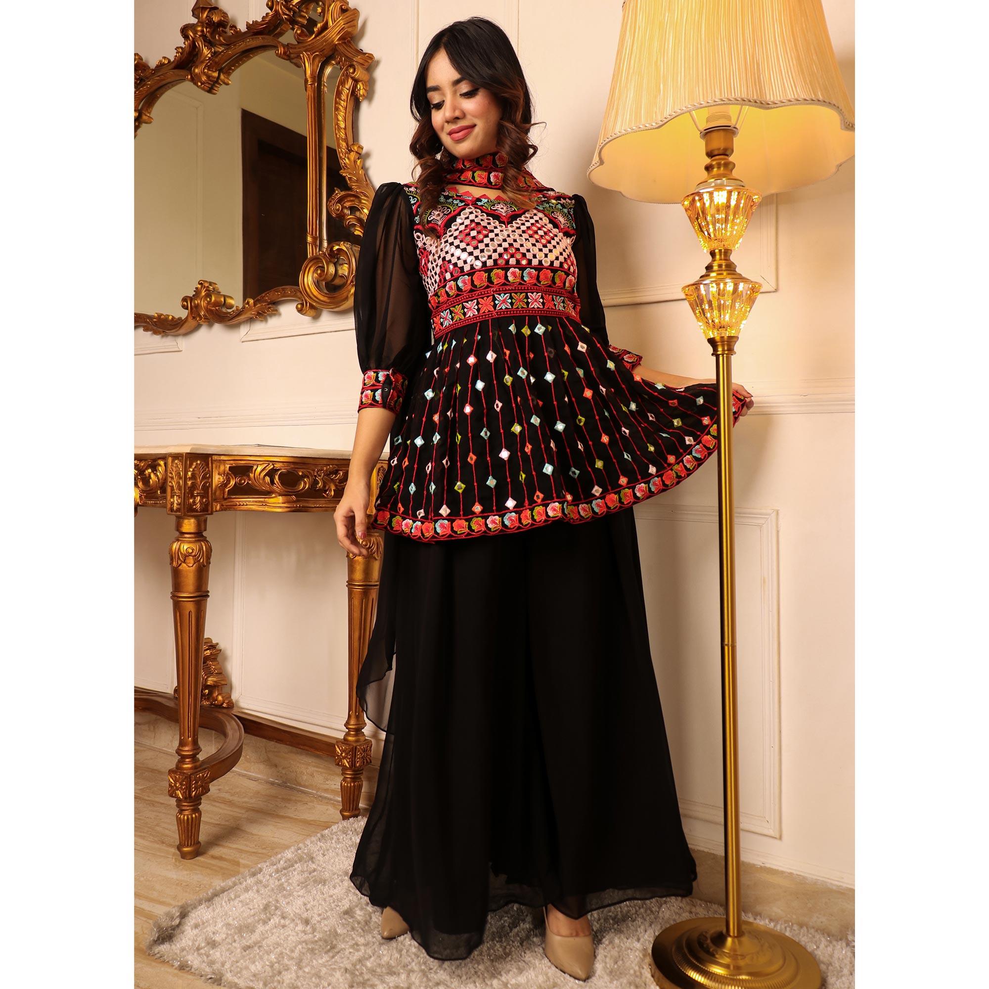 Black Embroidered Georgette Sharara Suit - Peachmode