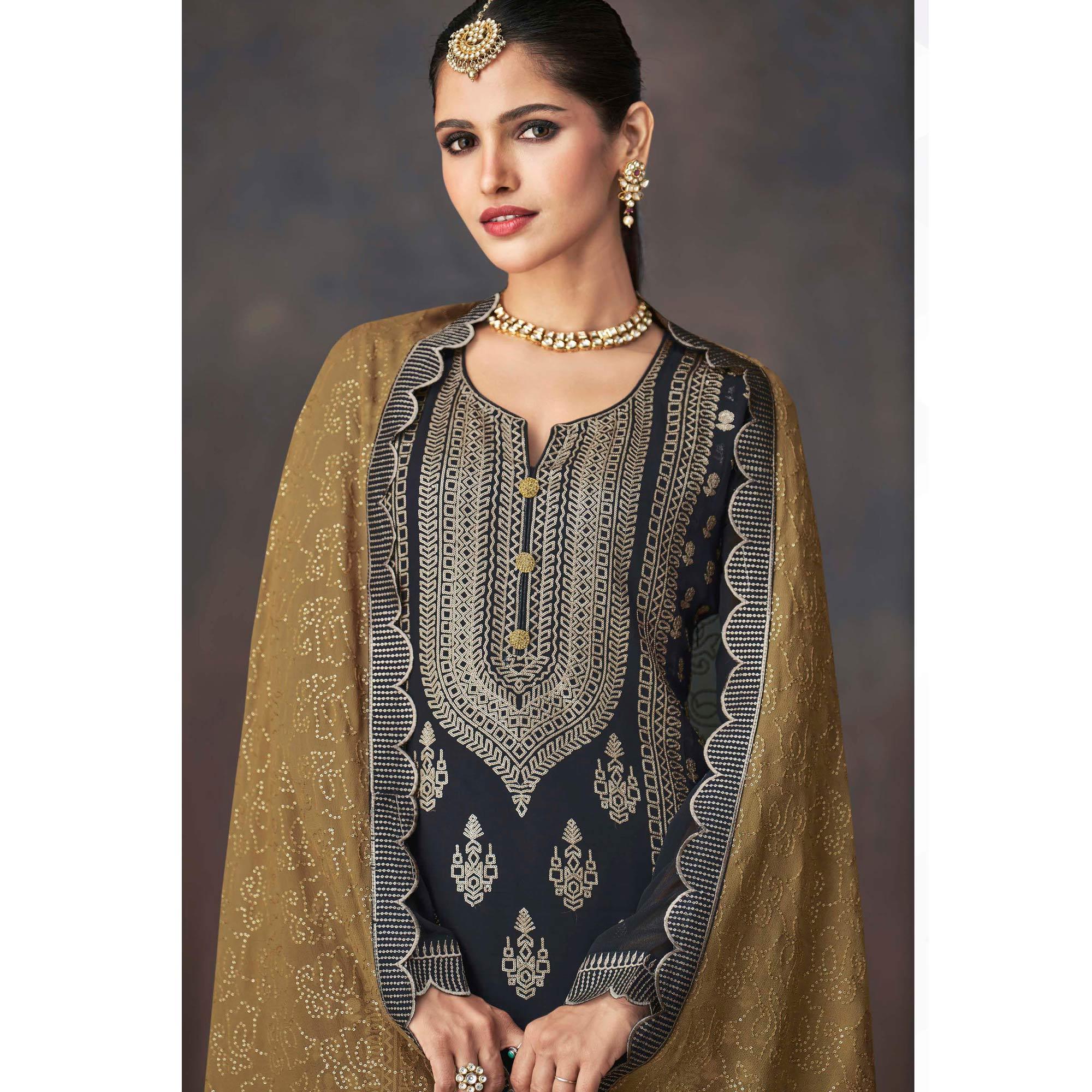 Black Embroidered Georgette Sharara Suit - Peachmode
