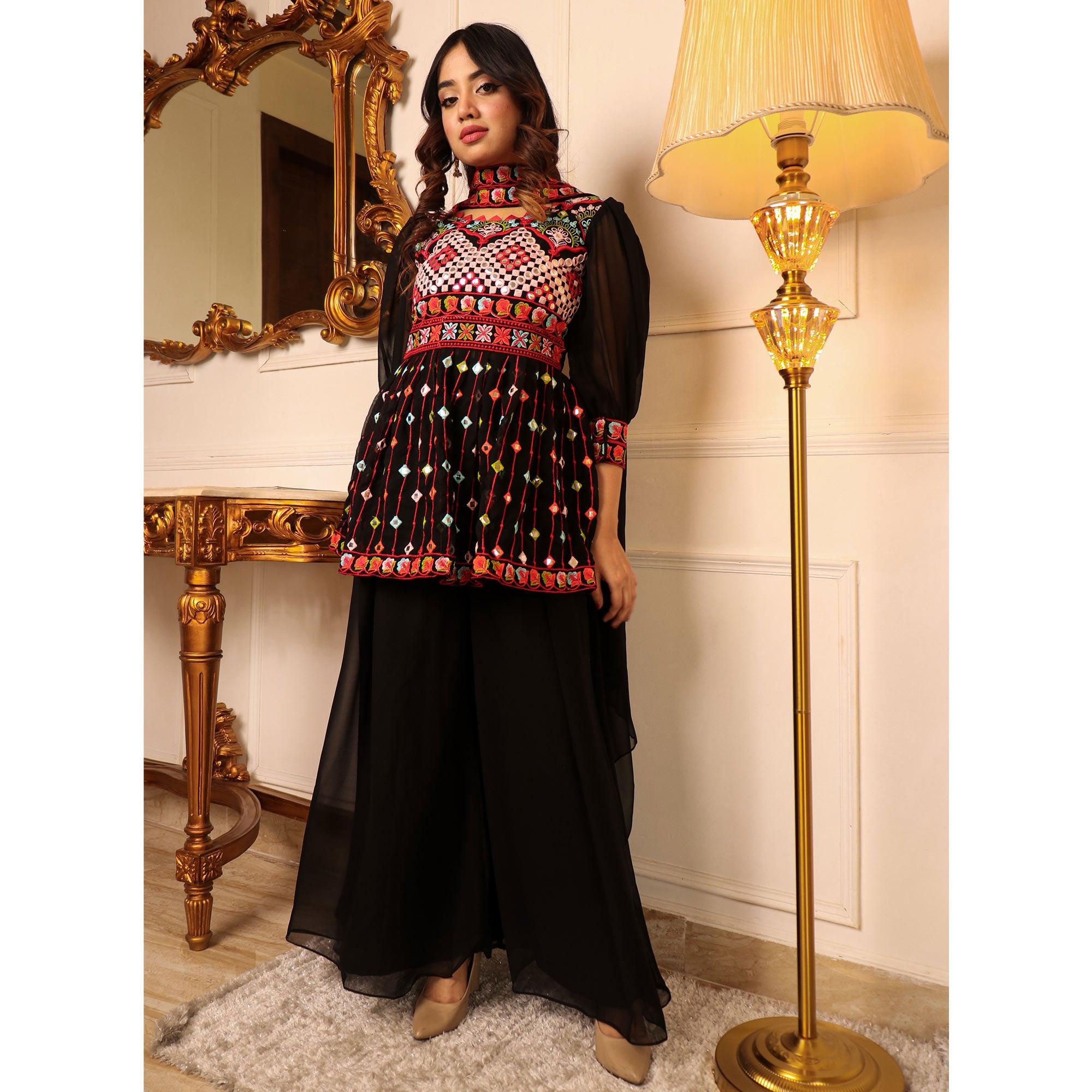 Black Embroidered Georgette Sharara Suit - Peachmode