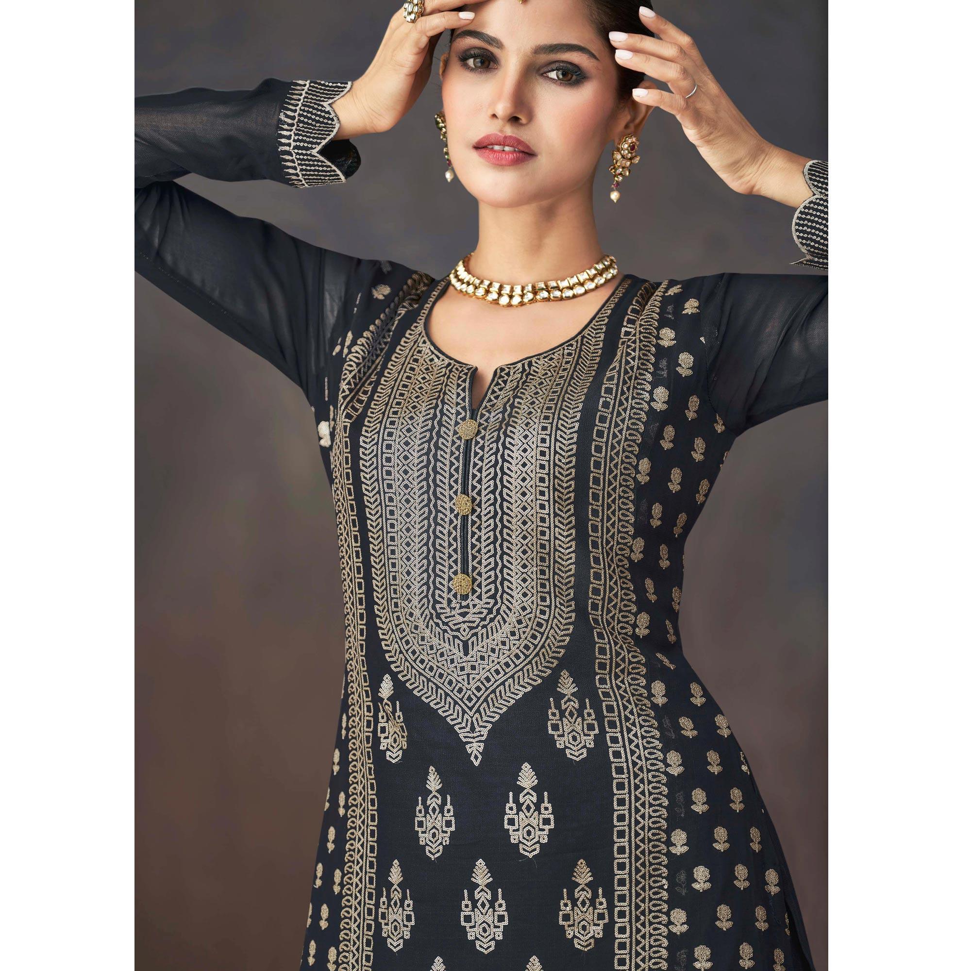 Black Embroidered Georgette Sharara Suit - Peachmode